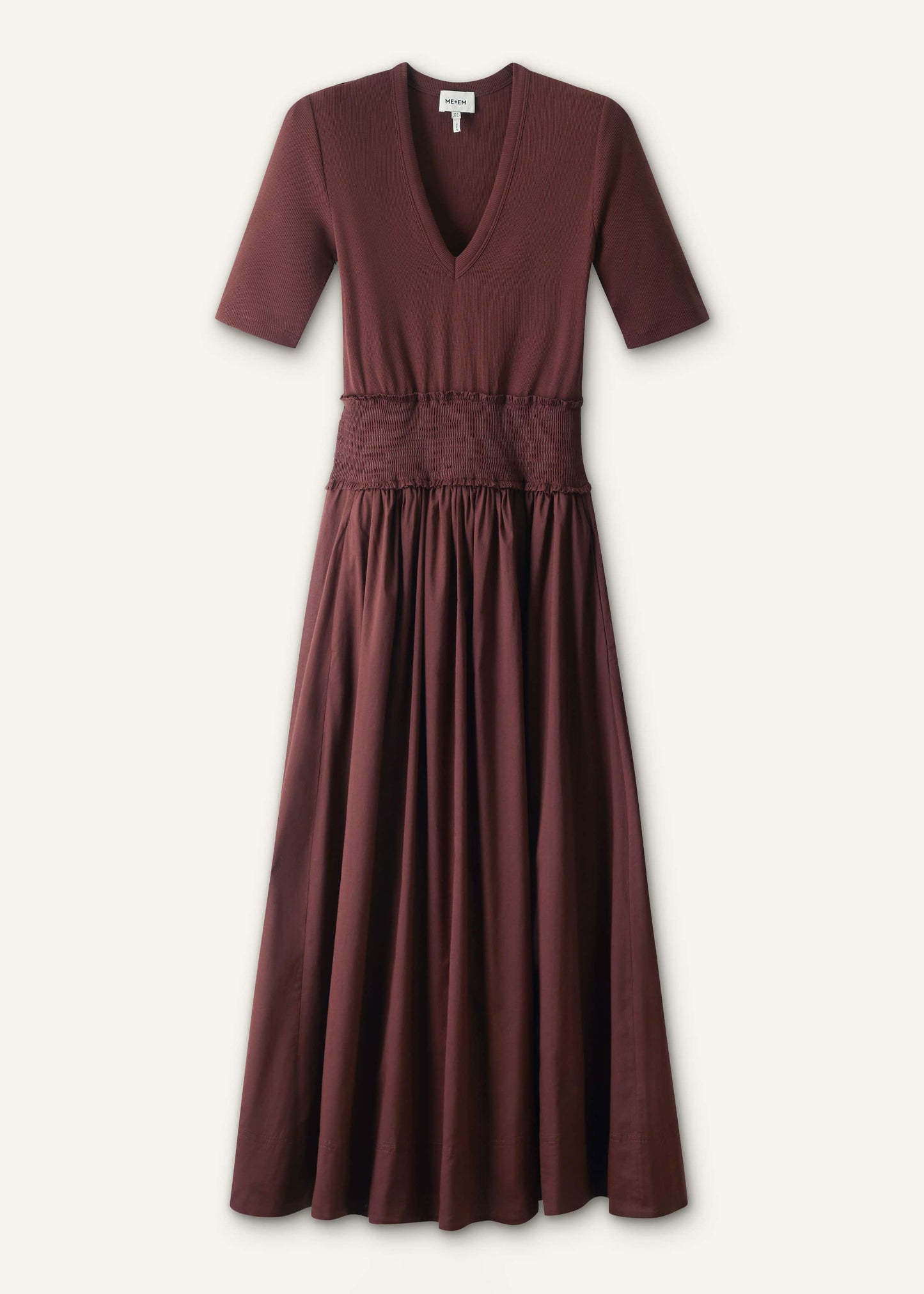 ME and EM Clothing Cinnamon V-Neck Smocked Skirt Mixed Media Maxi Dress
