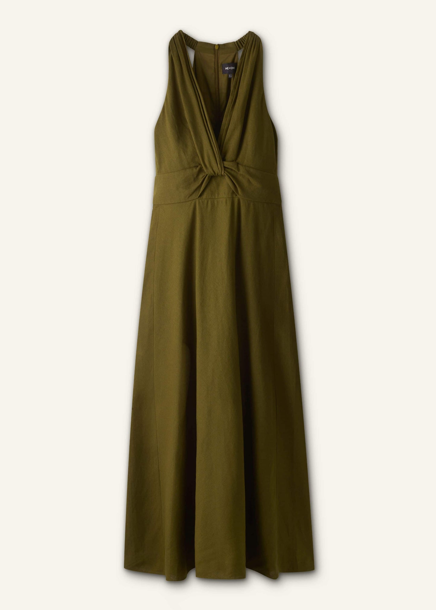 ME and EM Clothing Olive Green Crease-Less Linen Twist Front Maxi Dress