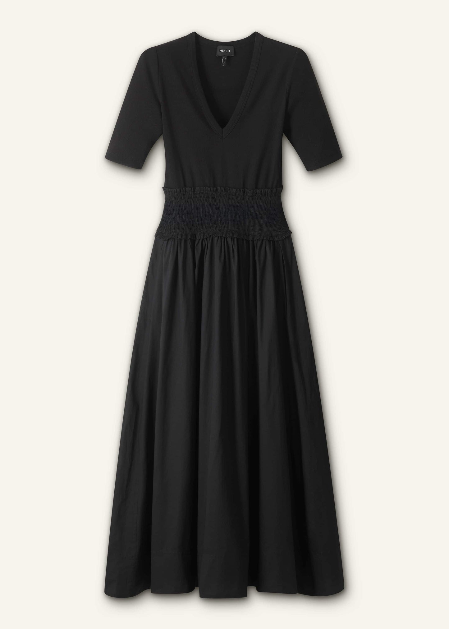 ME and EM Clothing Black V-Neck Smocked Skirt Mixed Media Maxi Dress