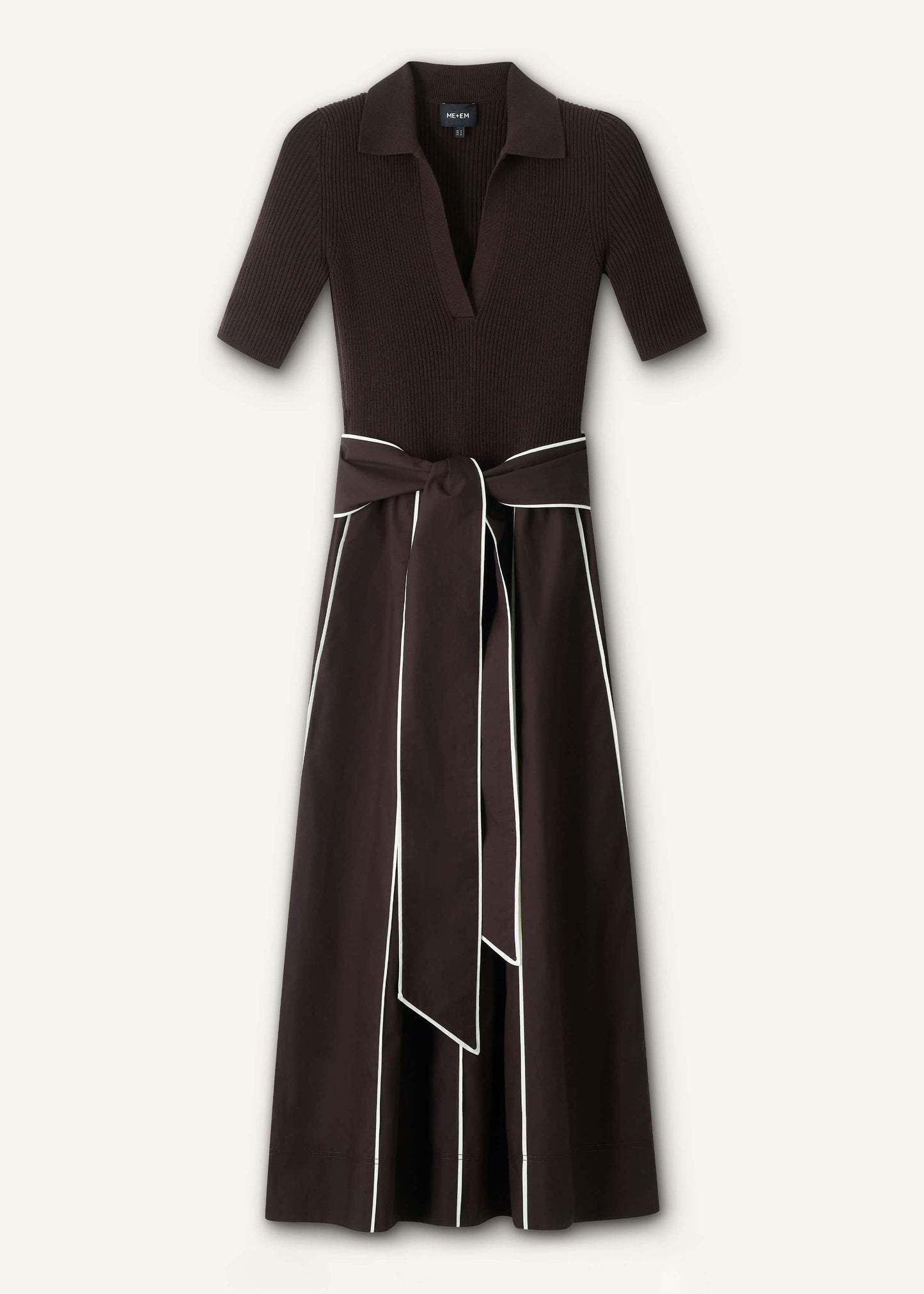 ME and EM Clothing Brown Mixed Media Fit And Flare Midi Dress + Belt