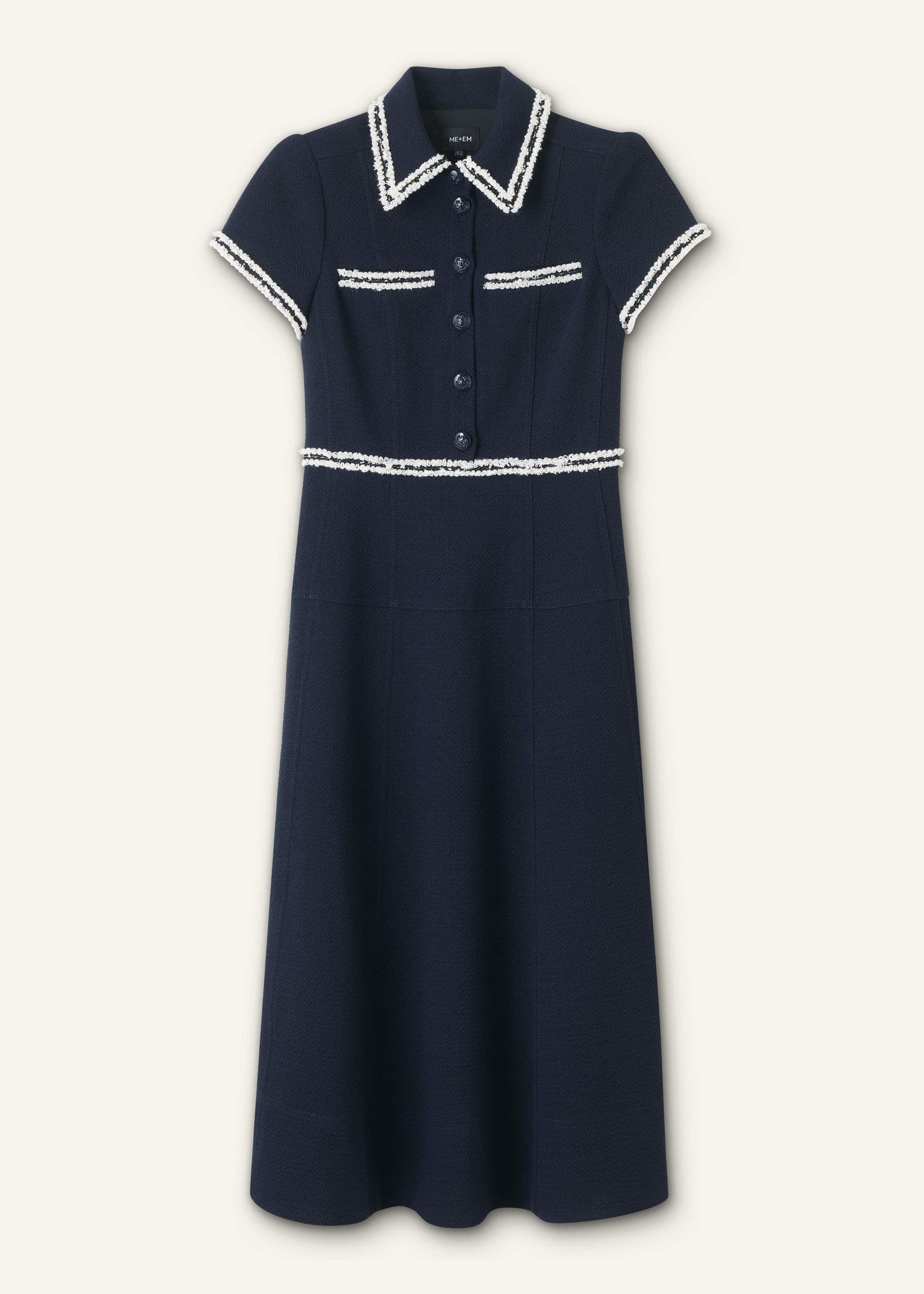 ME and EM Clothing Navy Fit + Flare Fray Trim Midi Dress