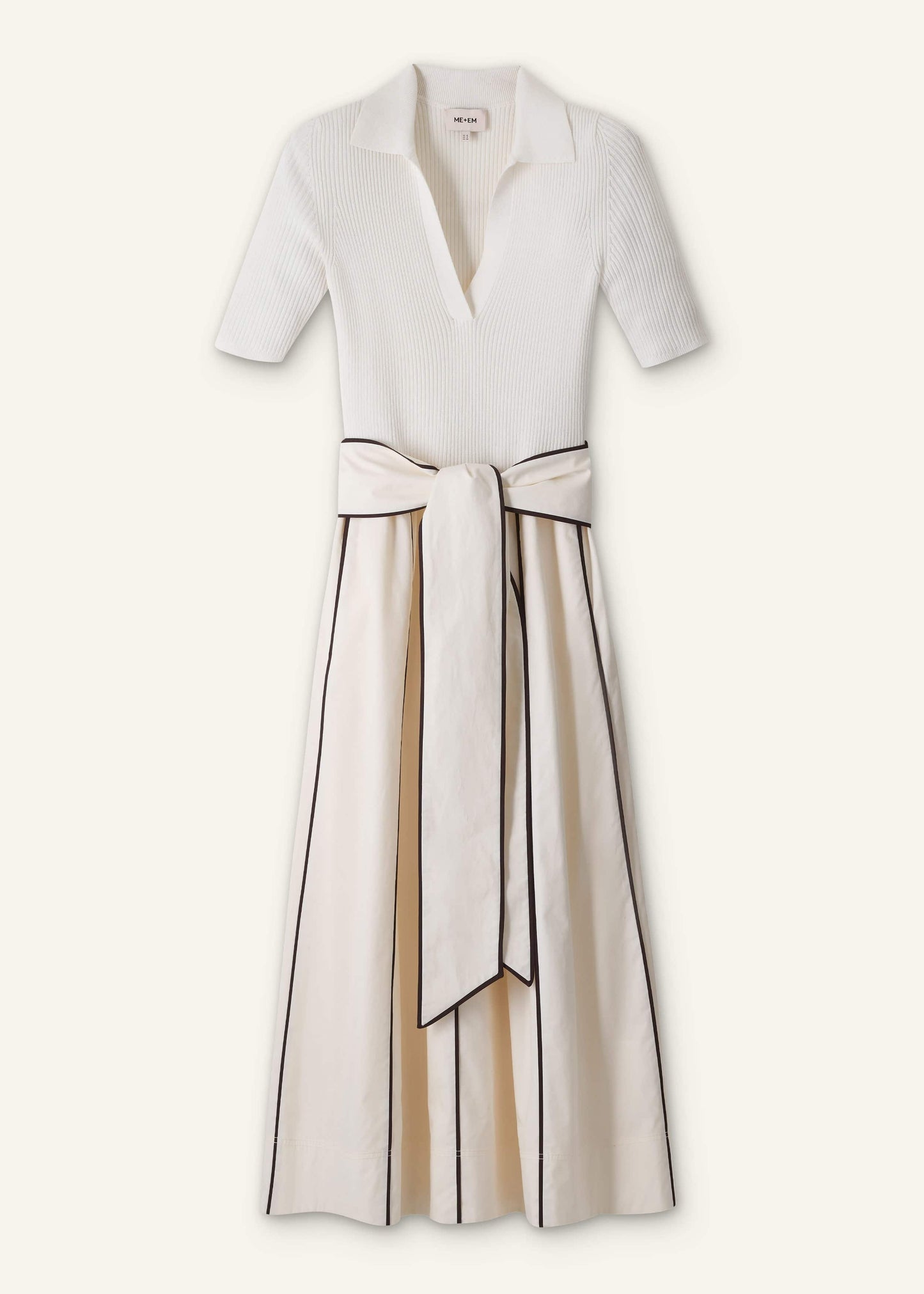 ME and EM Clothing Cream Mixed Media Fit And Flare Midi Dress + Belt