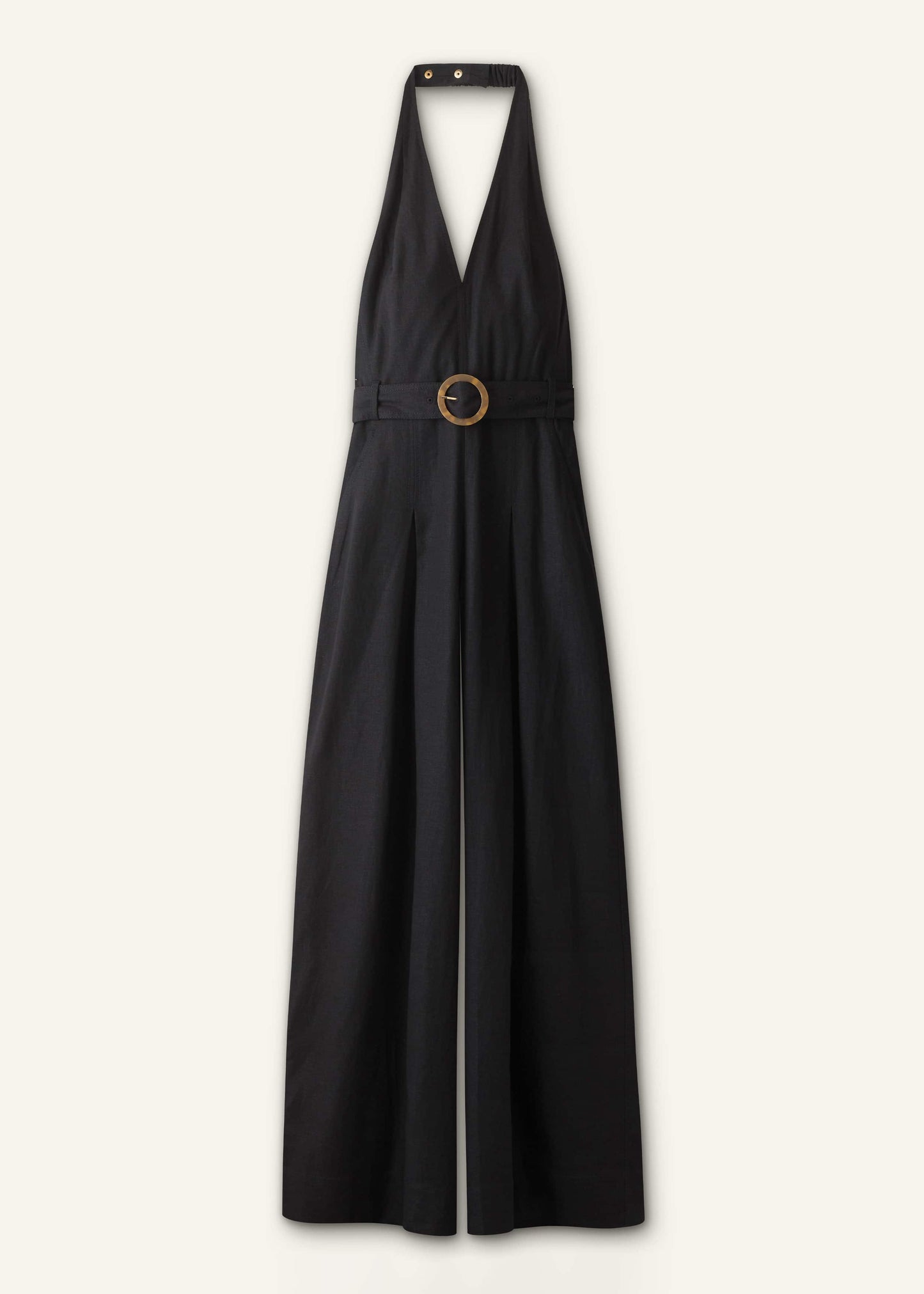 ME and EM Clothing Black Crease-Less Linen Halterneck Wide Jumpsuit