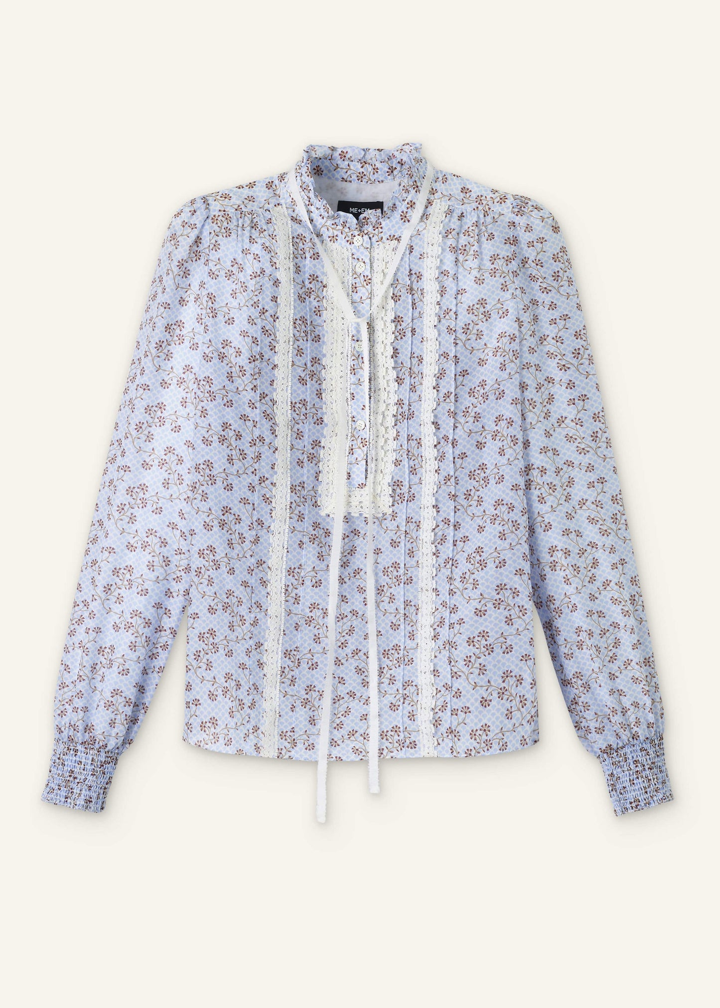 ME and EM Clothing Blue Scallop Daisy Print Trim Detail Blouse + Tie