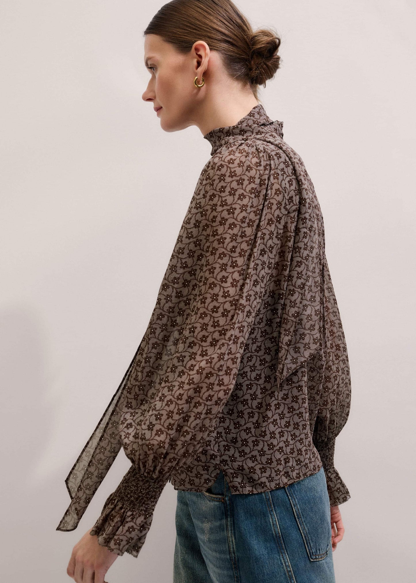 ME and EM Clothing Brown Silk Lace Print Straight In-The-Details Blouse