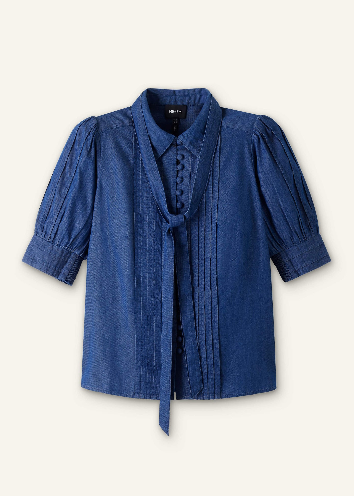 ME and EM Clothing Blue Chambray Pintucked Short Sleeve Blouse + Tie