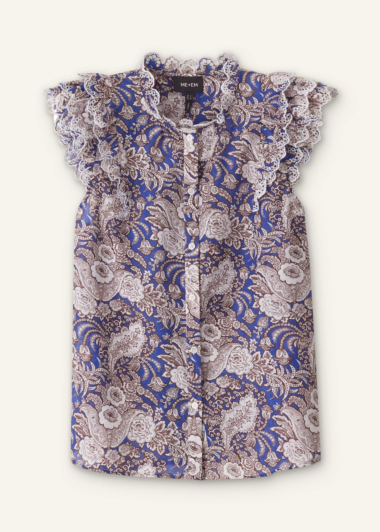 ME and EM Clothing Blue Elaborate Botanical Print Ruffle Straight Blouse