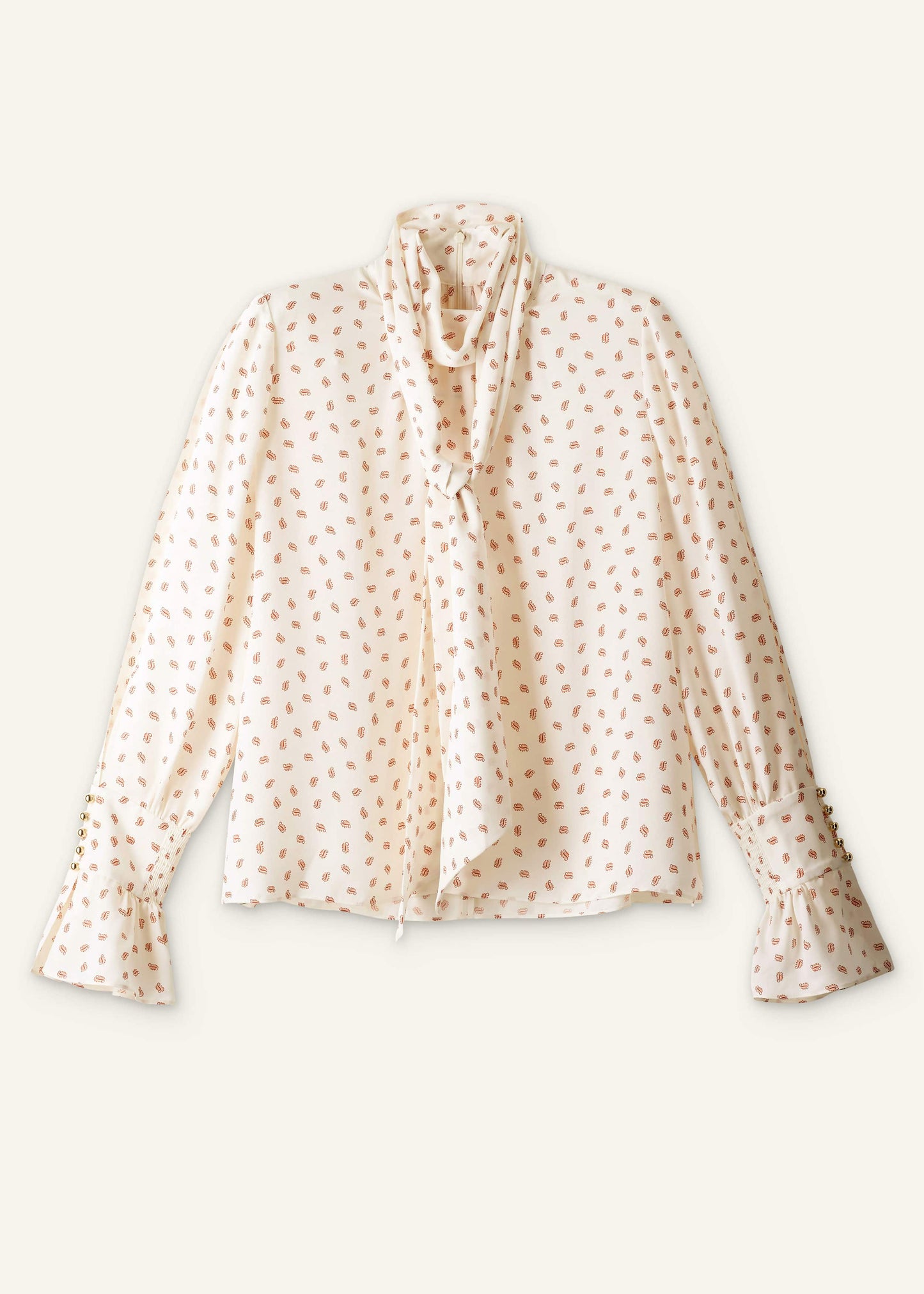 ME and EM Clothing Cream Silk Spaced Paisley Print Statement Sleeve Blouse + Tie