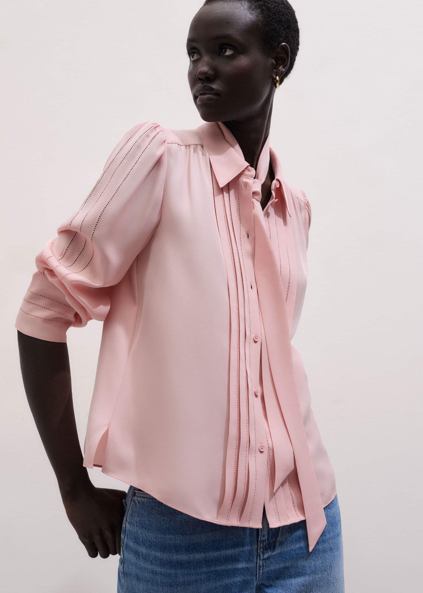 ME and EM Clothing Pink Silk Feminine Embroidered Fluid Straight Blouse