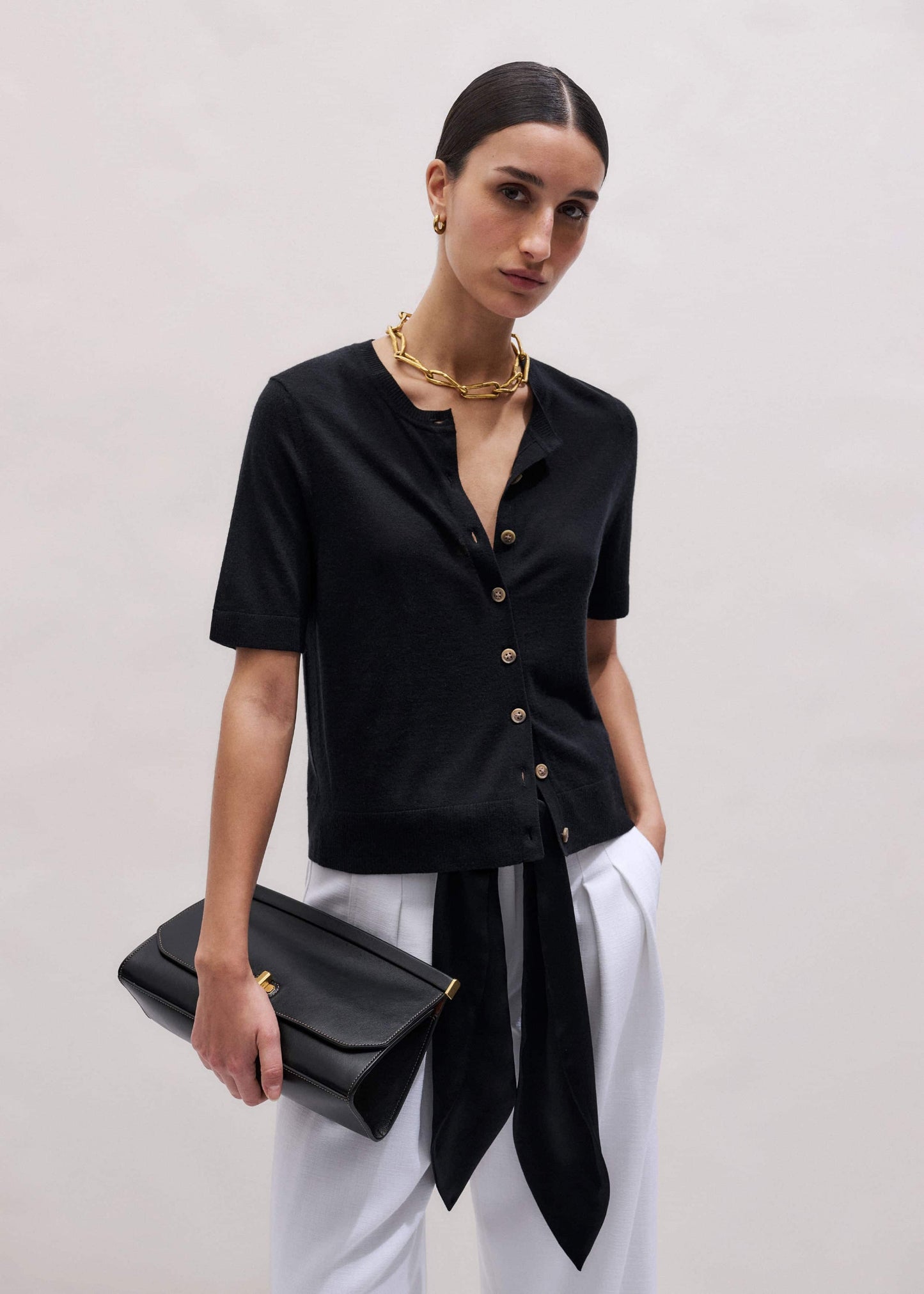 ME and EM Clothing Black Merino Cashmere Barely There Buttoned Knit Tee
