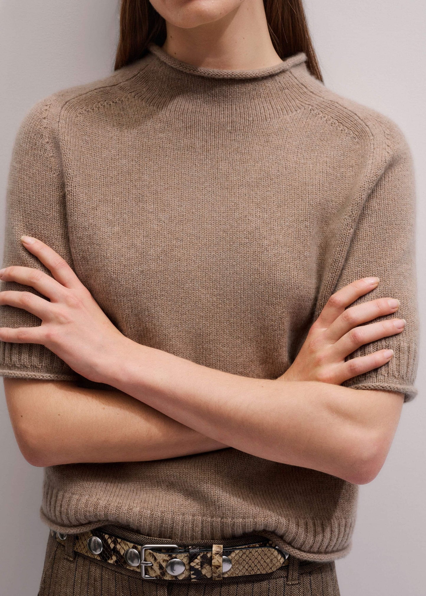 ME and EM Clothing Brown Cashmere Roll Trim Knit Tee