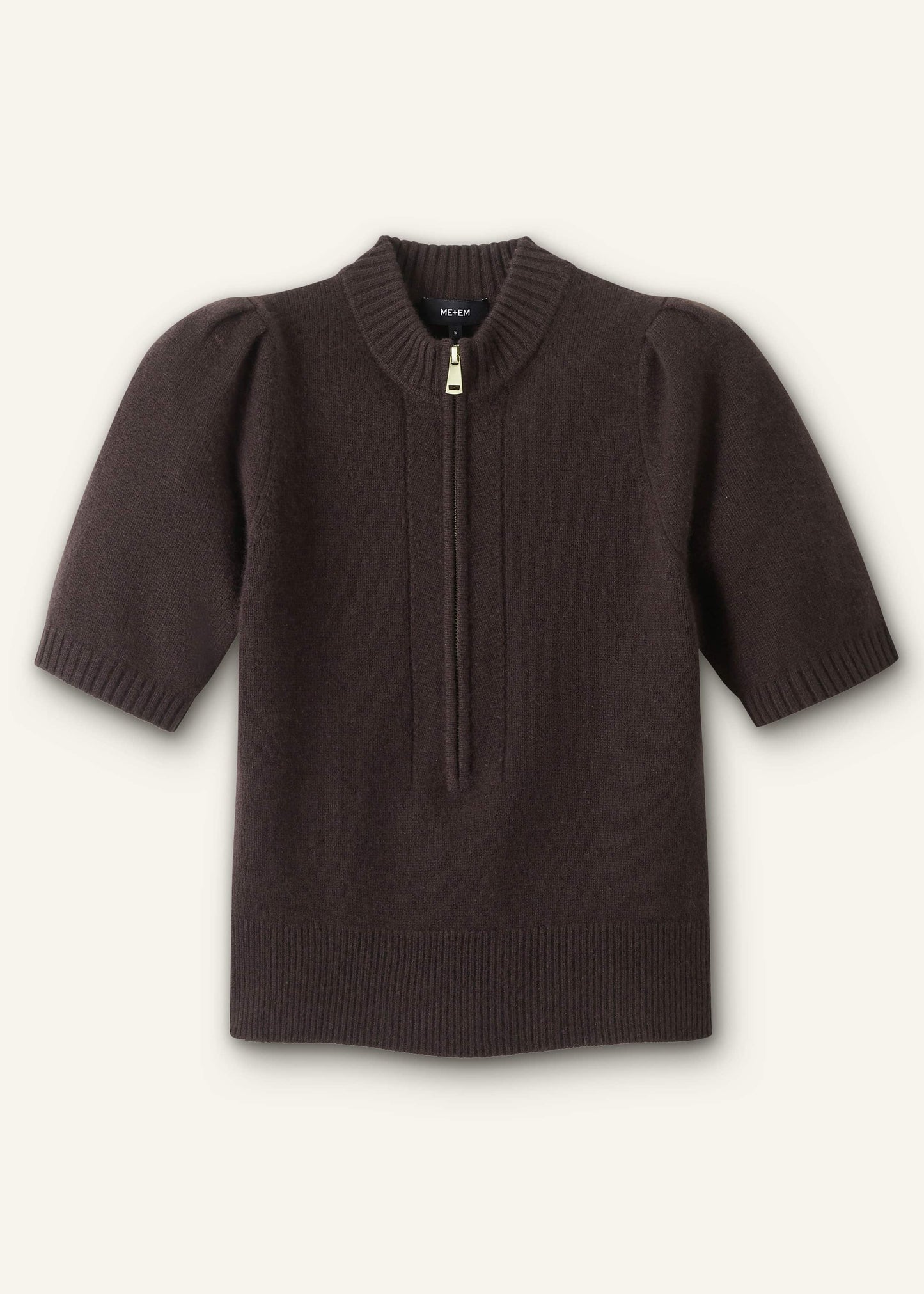 ME and EM Clothing Brown Cashmere Zip Neck Pouf Sleeve Knit Tee