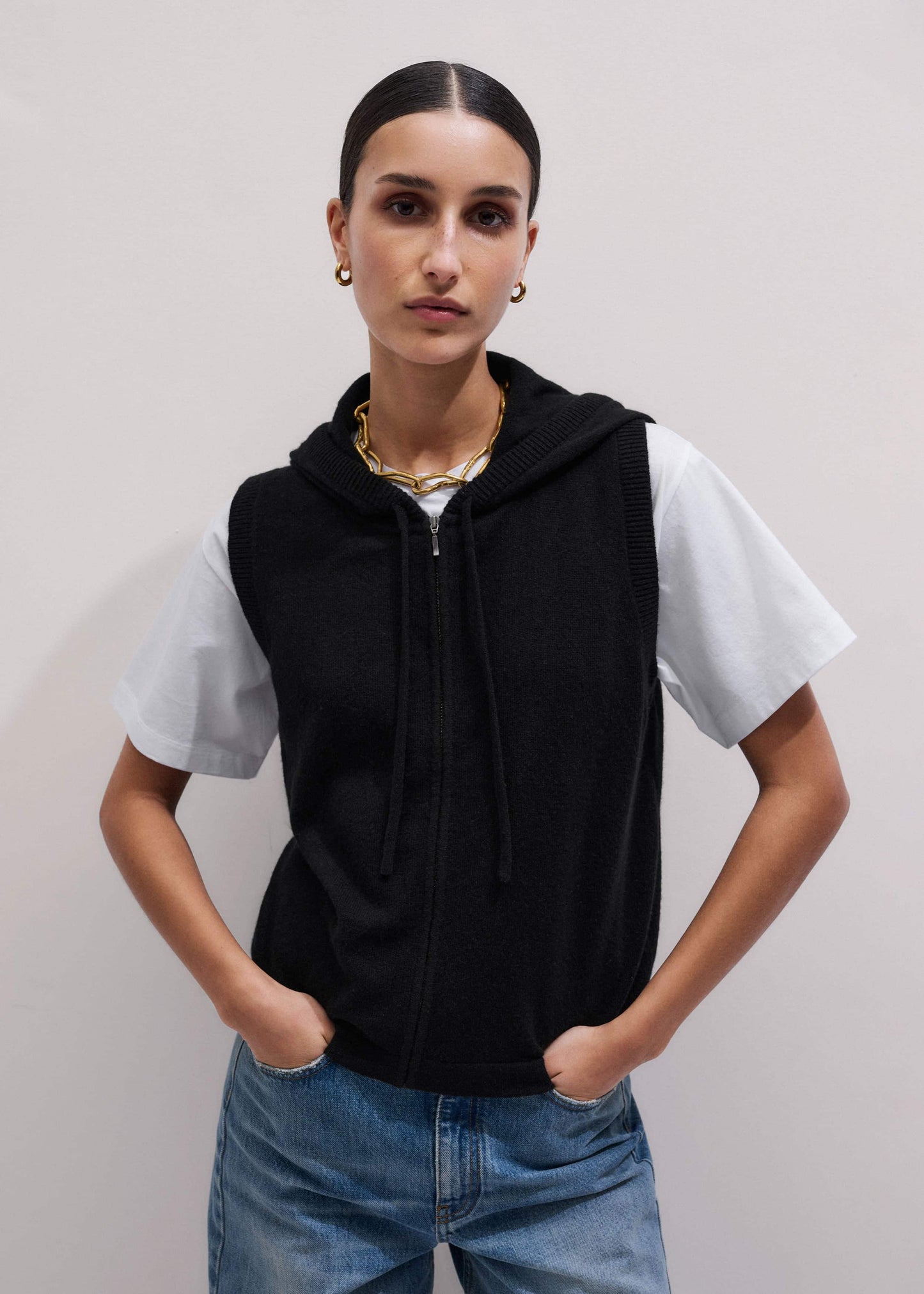 ME and EM Clothing Black Cashmere Sleeveless Relaxed Zip Hoodie