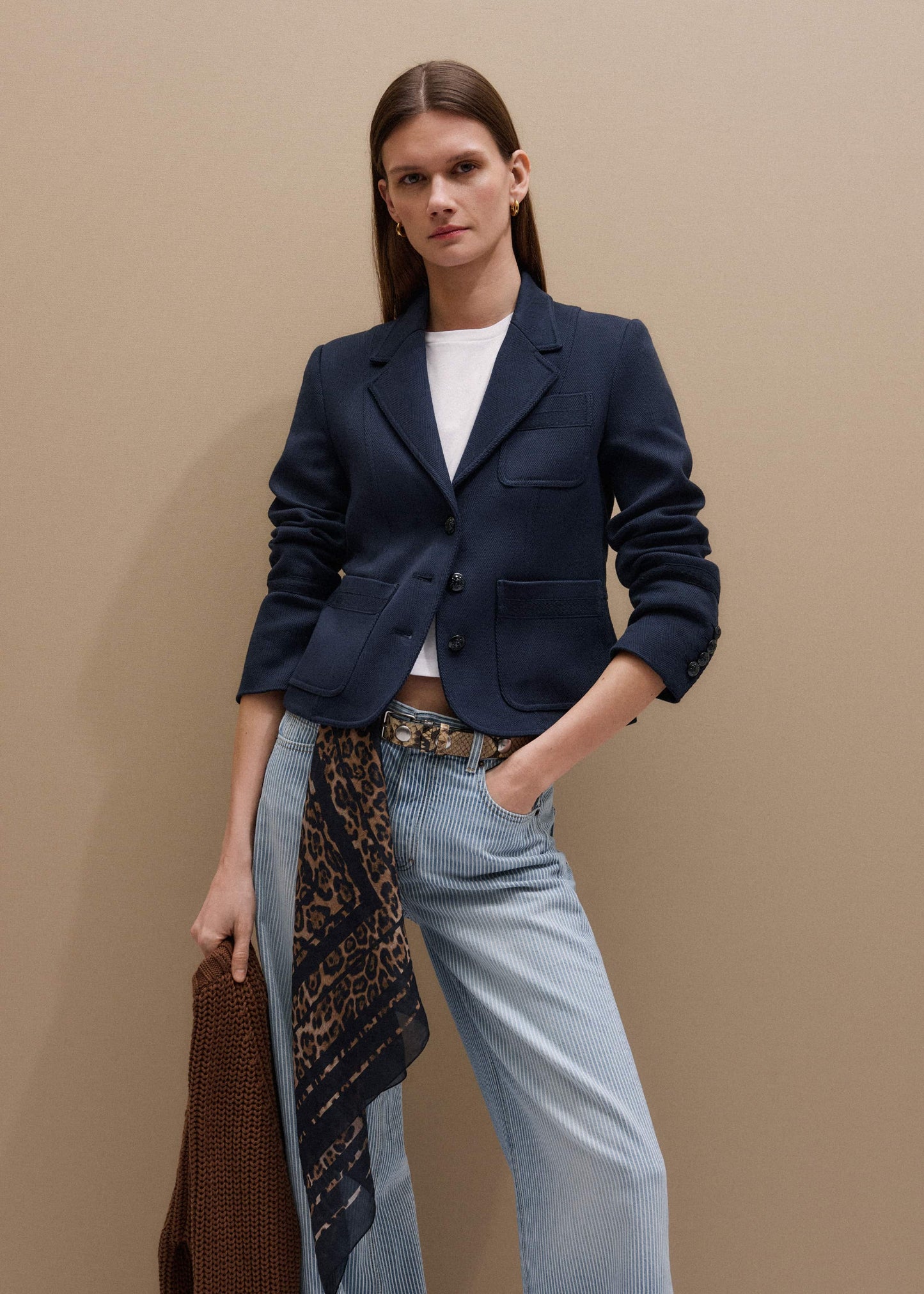 ME and EM Clothing Navy Herringbone Fitted Crop Jacket