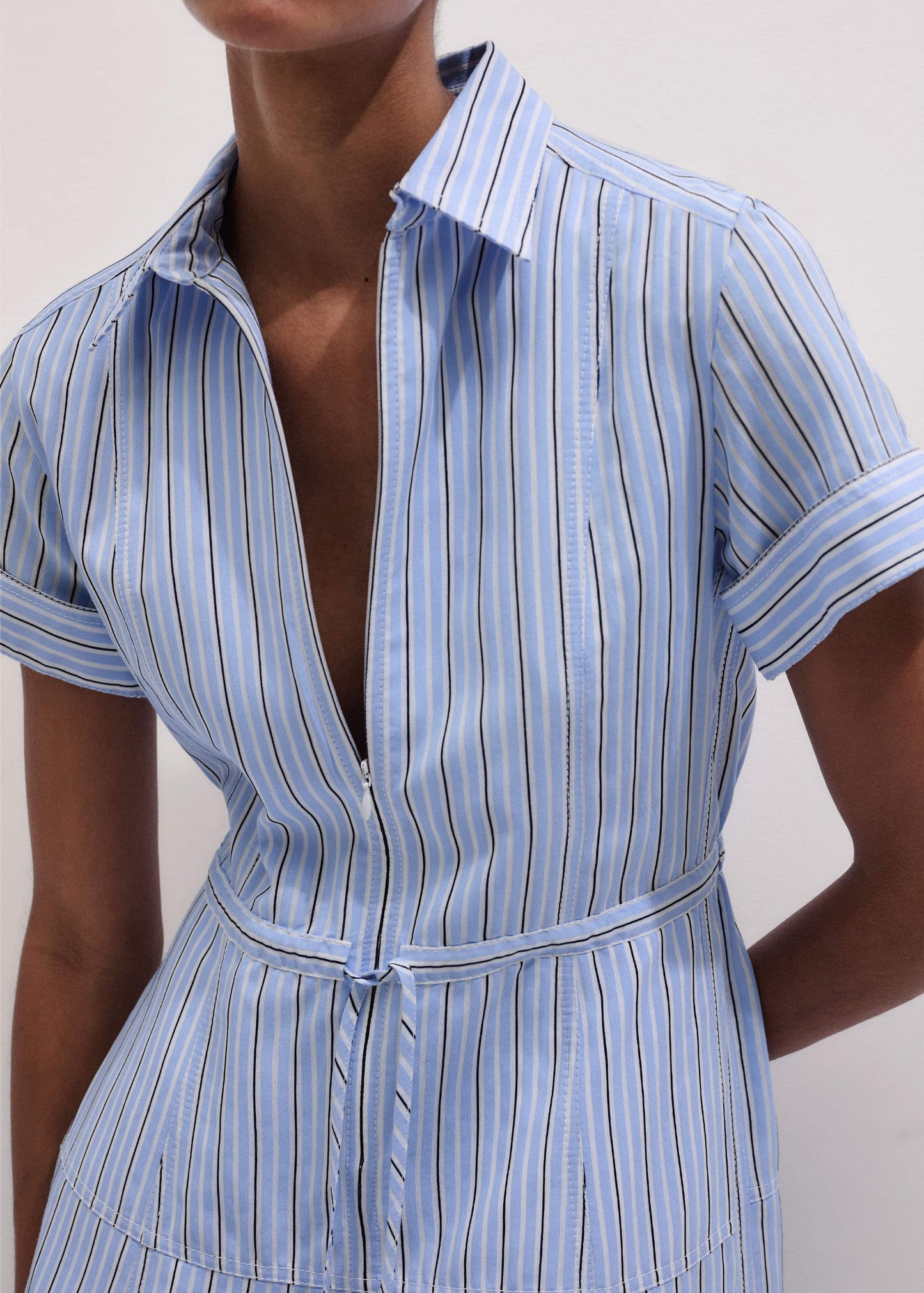 ME and EM Clothing Blue Drawstring Waist Zip Neck Maxi Shirt Dress