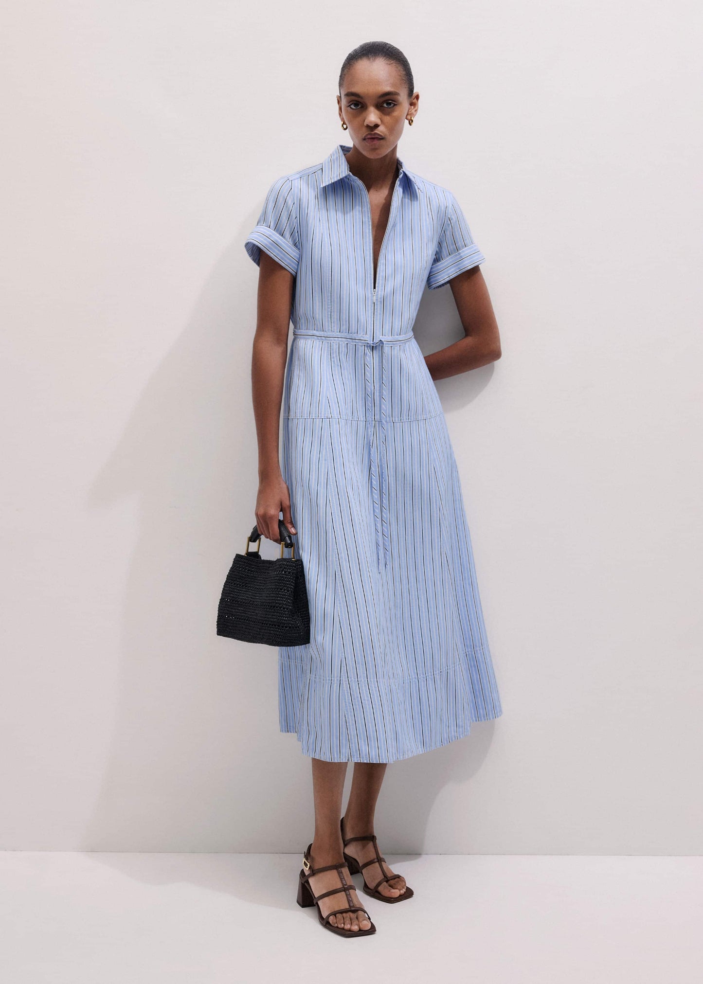 ME and EM Clothing Blue Drawstring Waist Zip Neck Maxi Shirt Dress