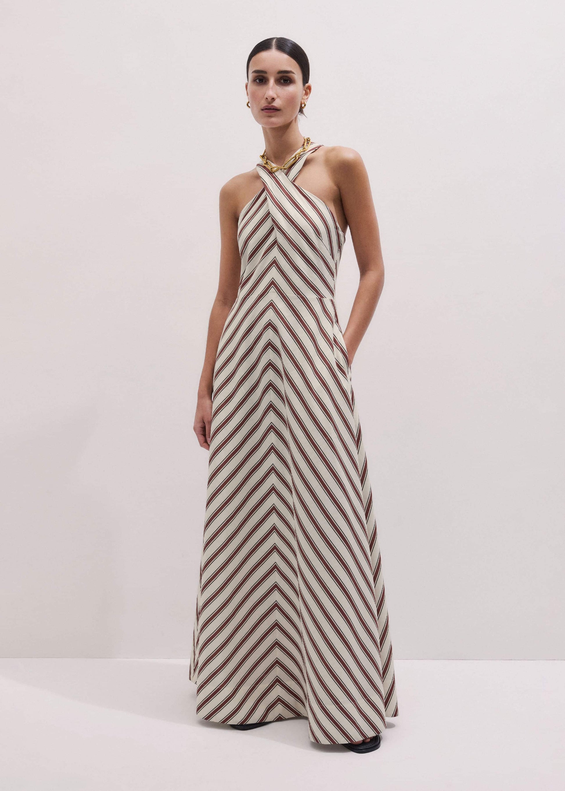 ME and EM Clothing Cream Crease-Less Linen Halterneck Maxi Dress