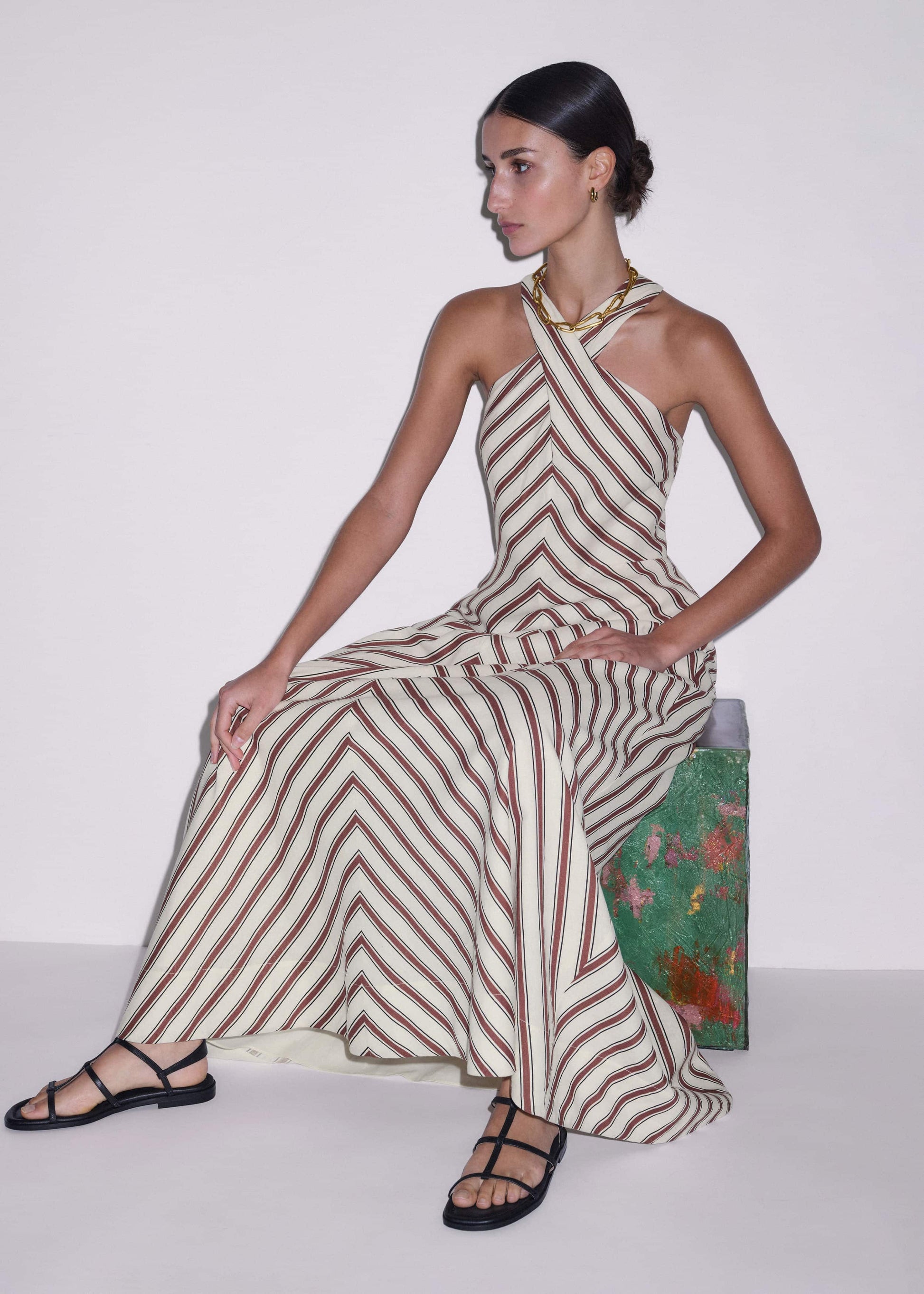 ME and EM Clothing Cream Crease-Less Linen Halterneck Maxi Dress