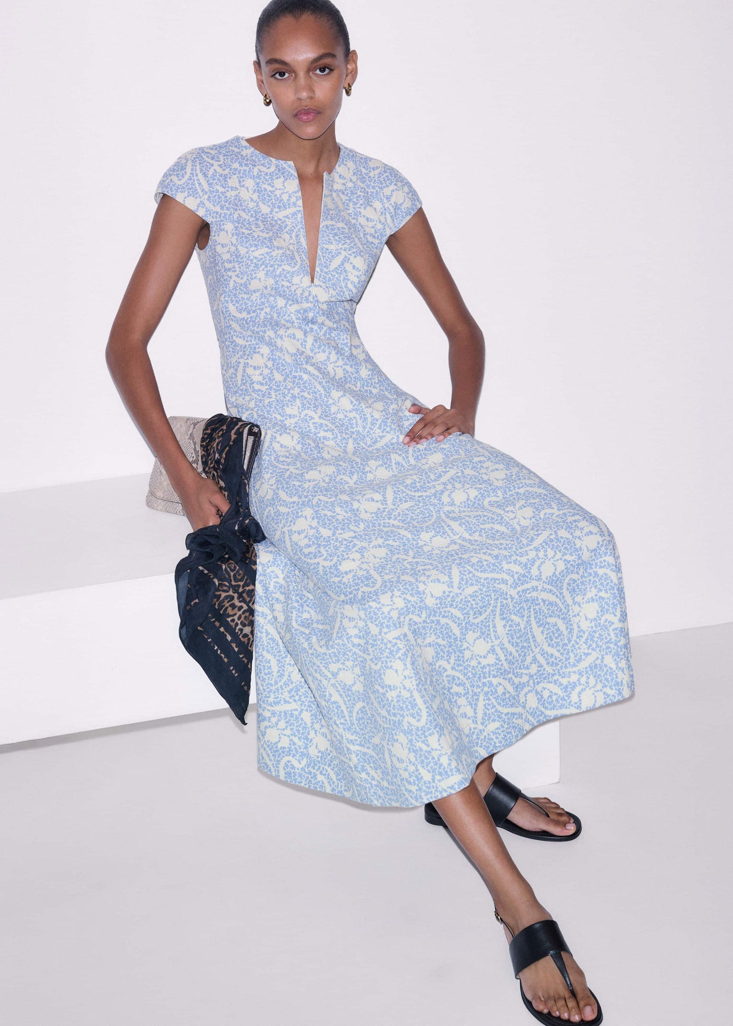 ME and EM Clothing Blue Speckled Bloom Print Fit+Flare Maxi Dress