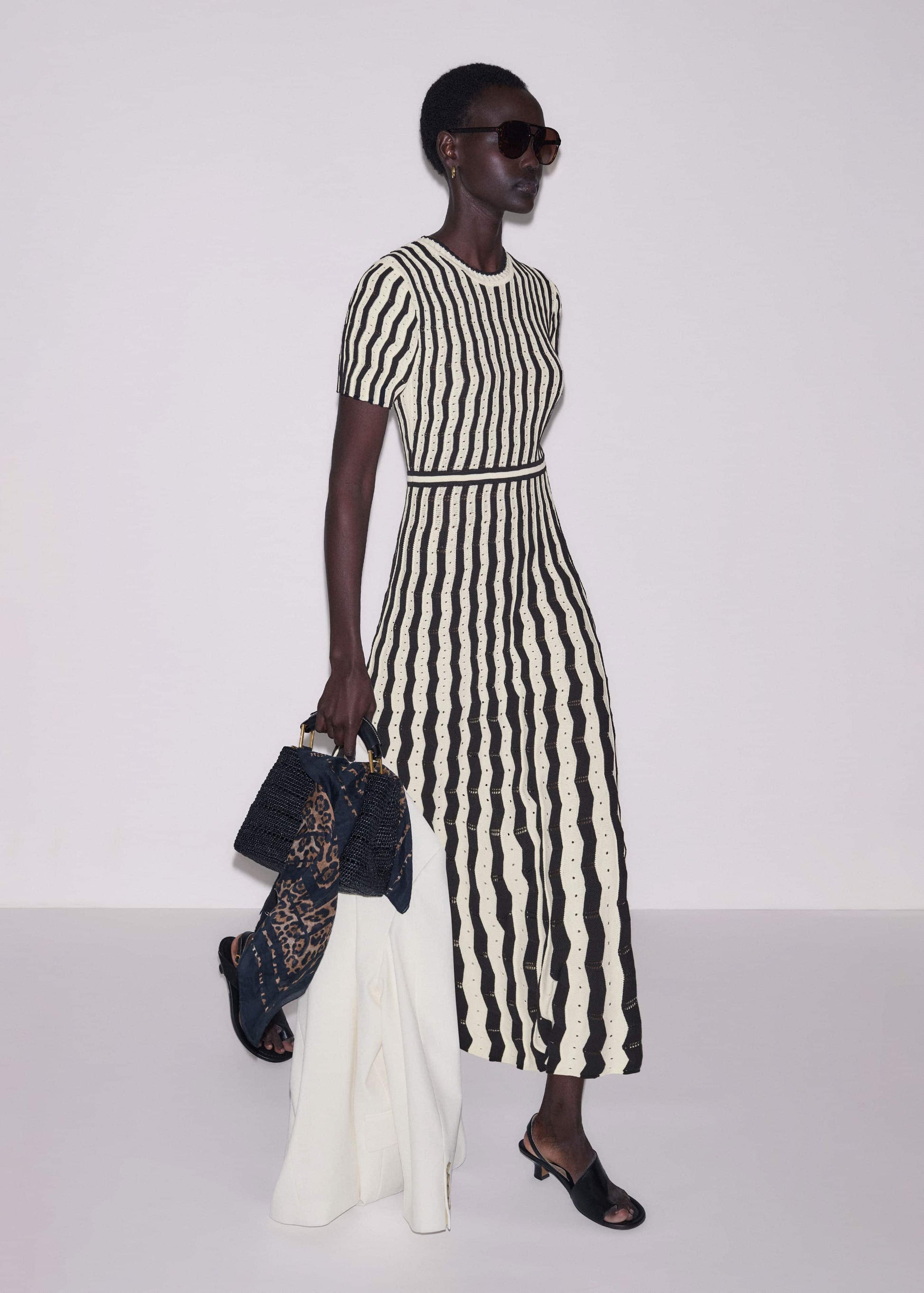 ME and EM Clothing Cream Textured Pointelle Knit Stripe Maxi Dress
