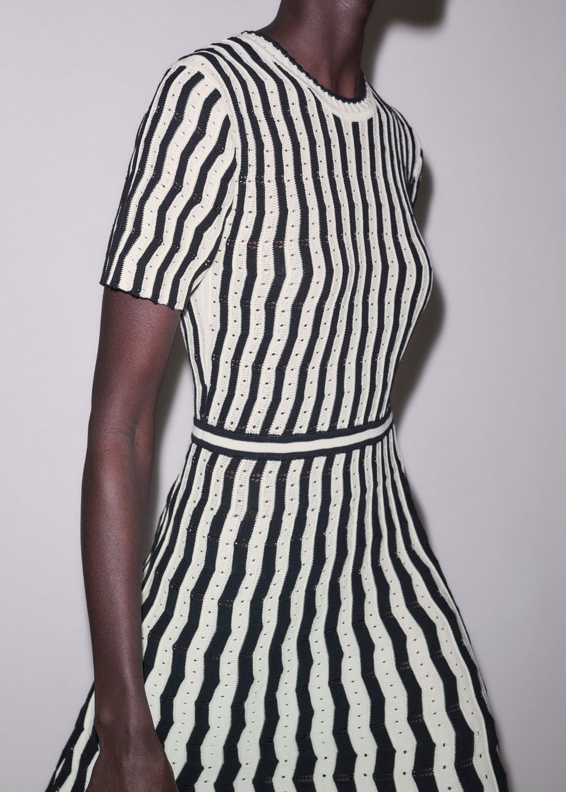 ME and EM Clothing Cream Textured Pointelle Knit Stripe Maxi Dress