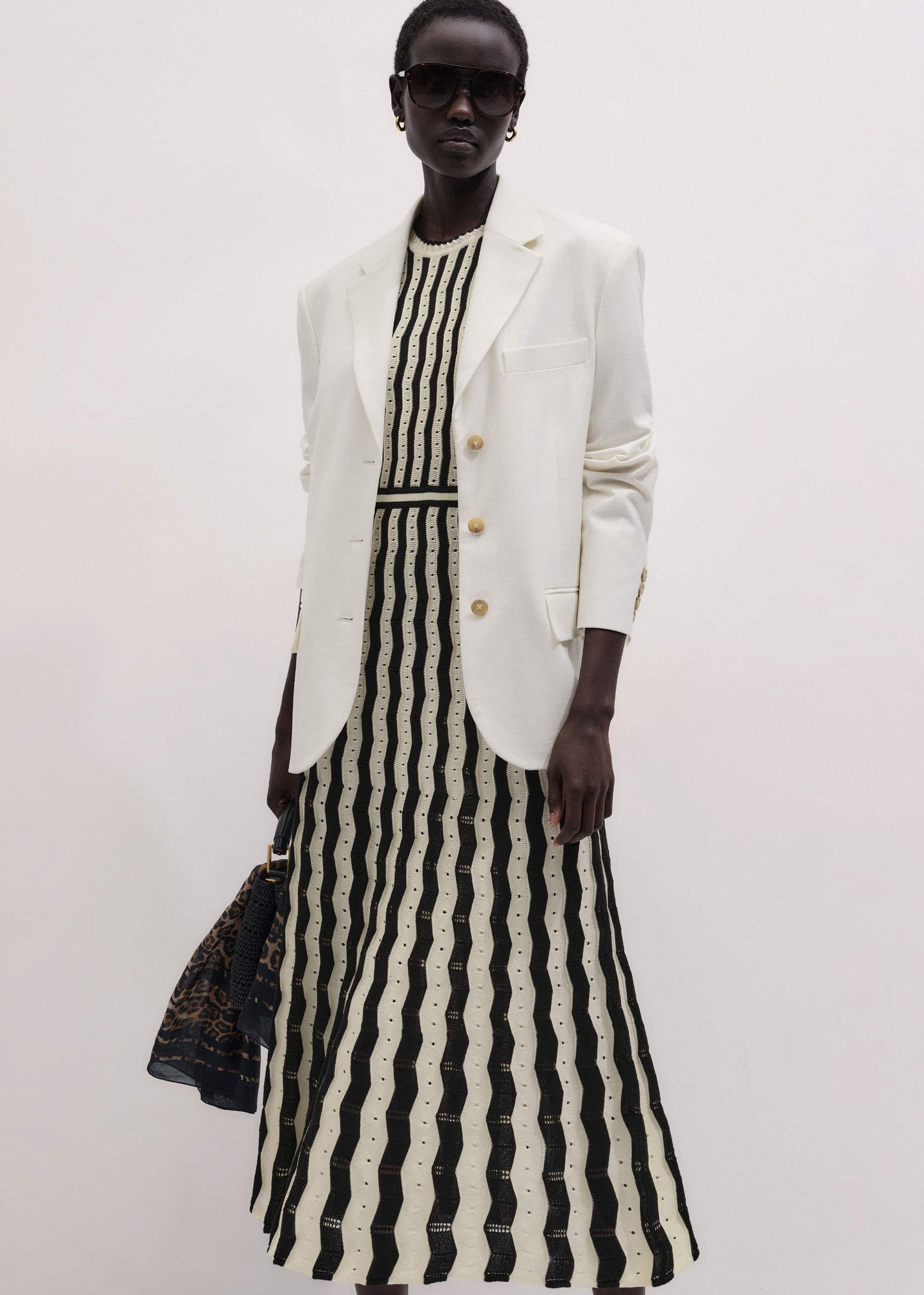 ME and EM Clothing Cream Textured Pointelle Knit Stripe Maxi Dress