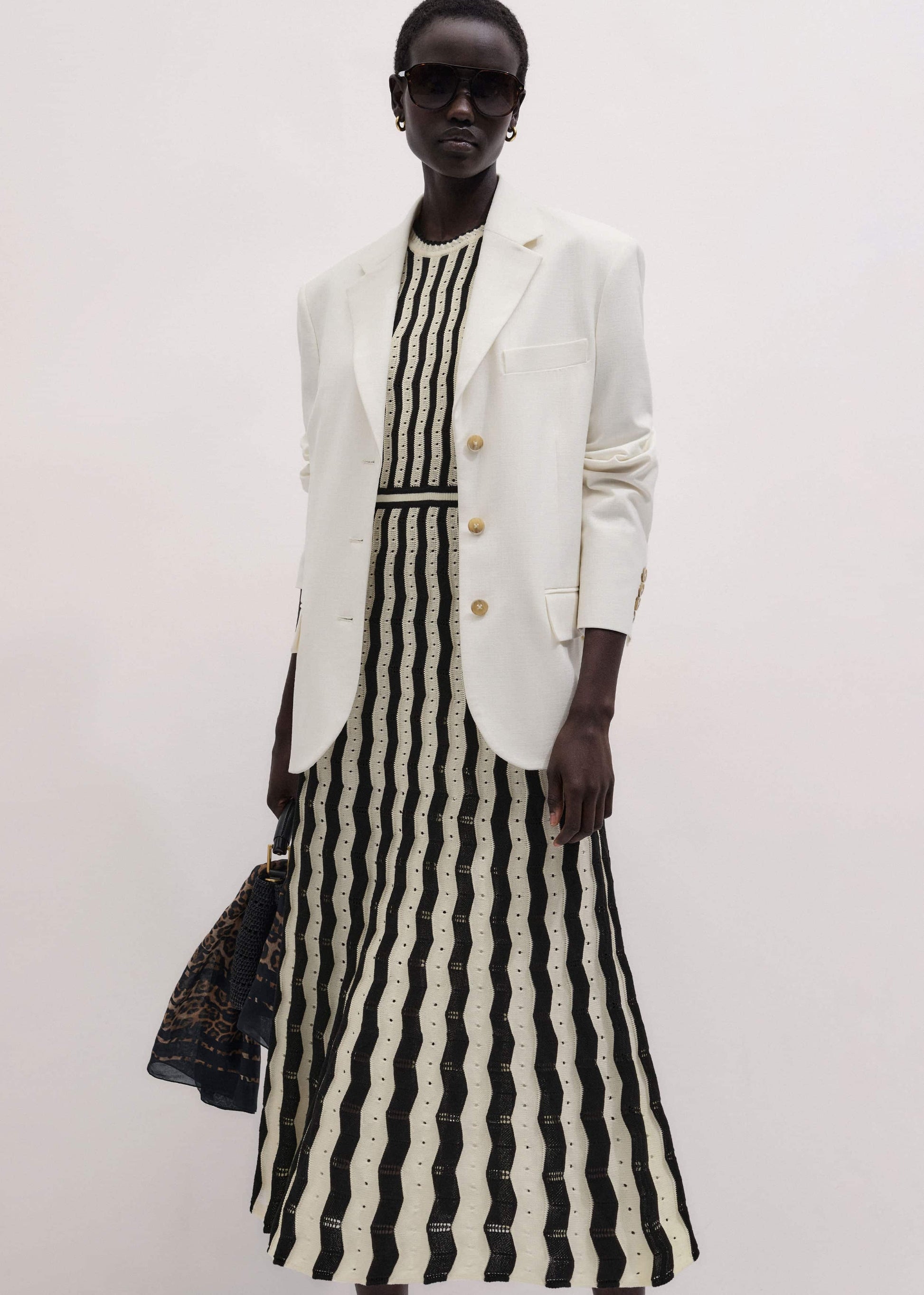 ME and EM Clothing Cream Textured Pointelle Knit Stripe Maxi Dress