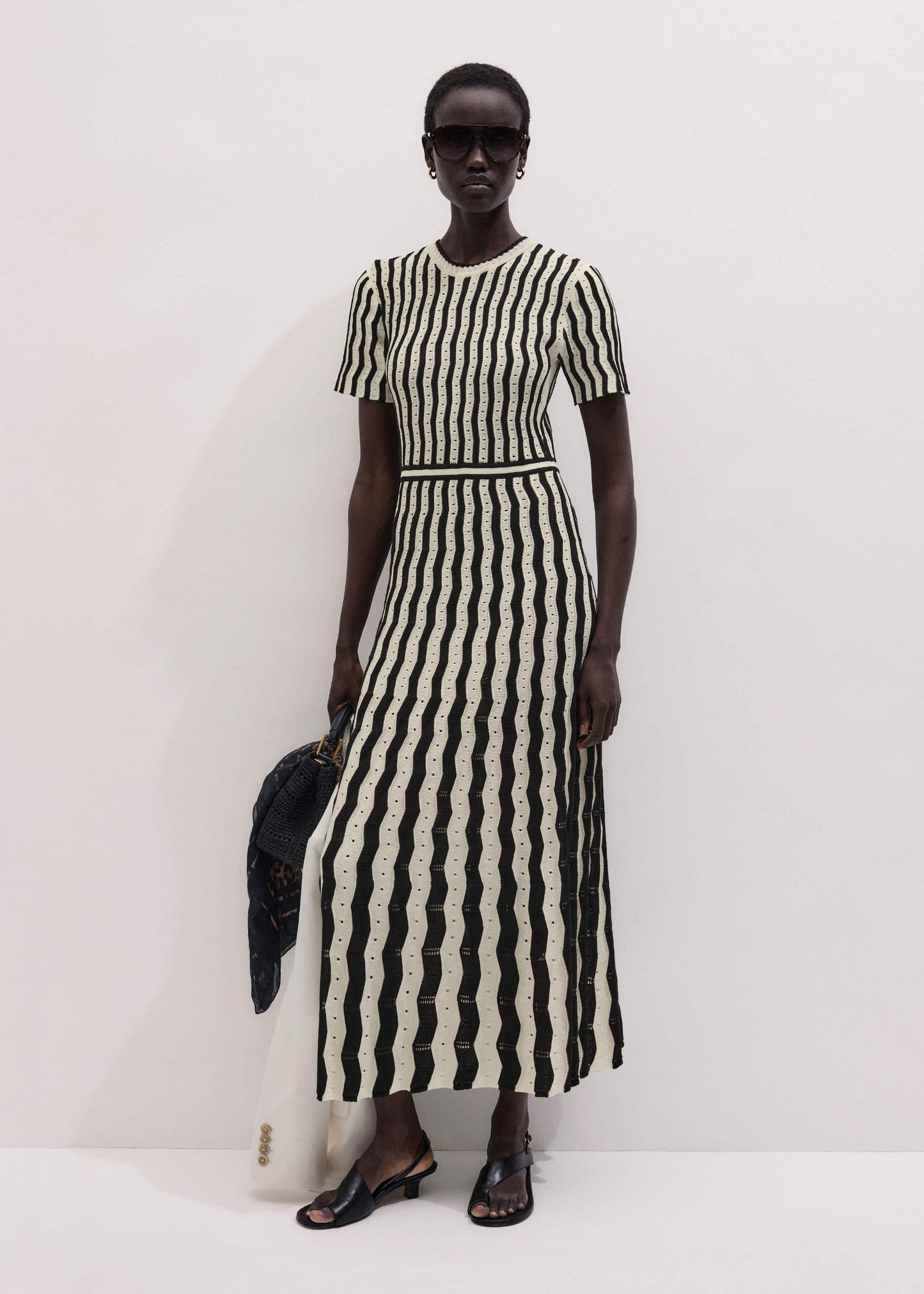 ME and EM Clothing Cream Textured Pointelle Knit Stripe Maxi Dress