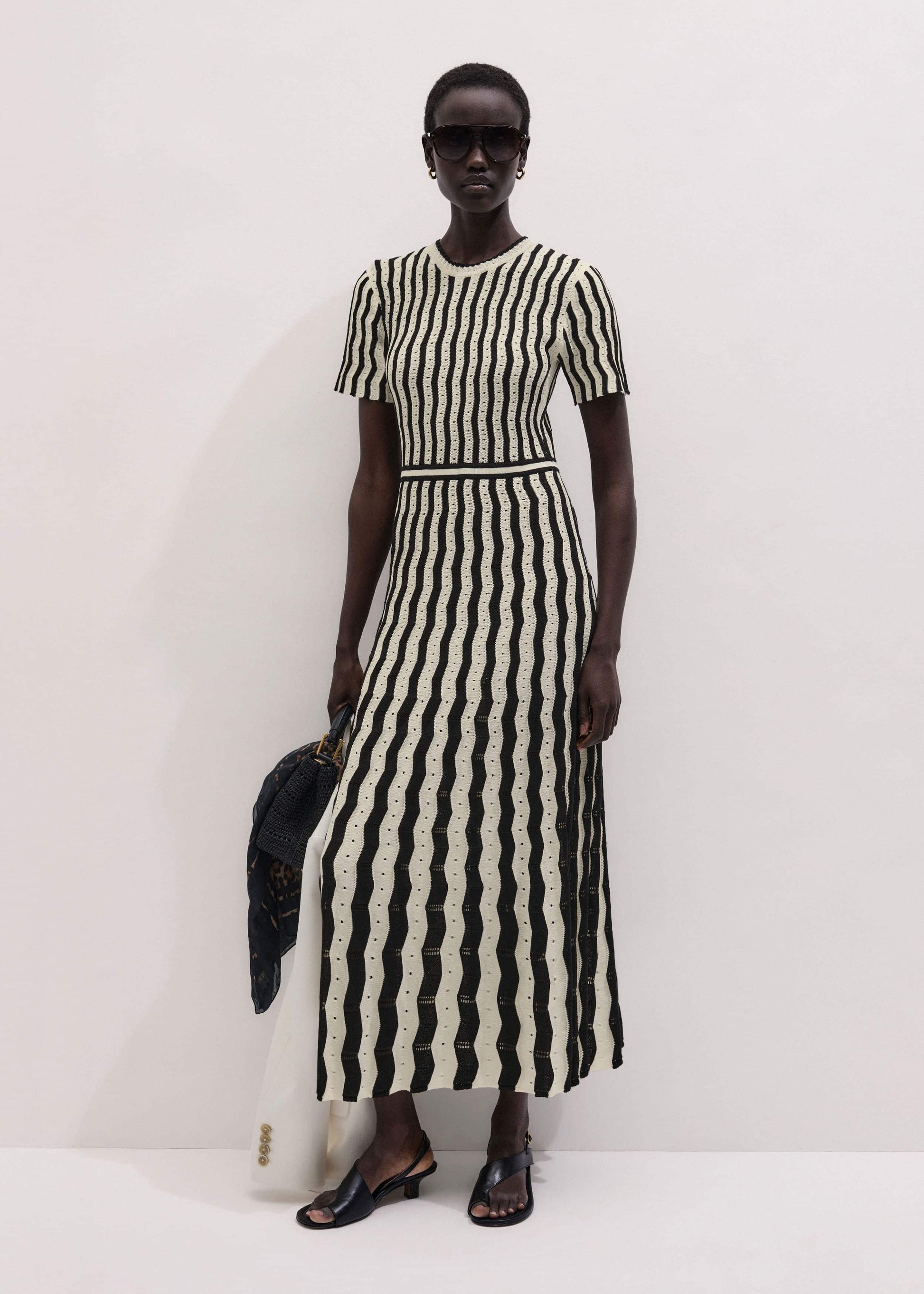 ME and EM Clothing Cream Textured Pointelle Knit Stripe Maxi Dress