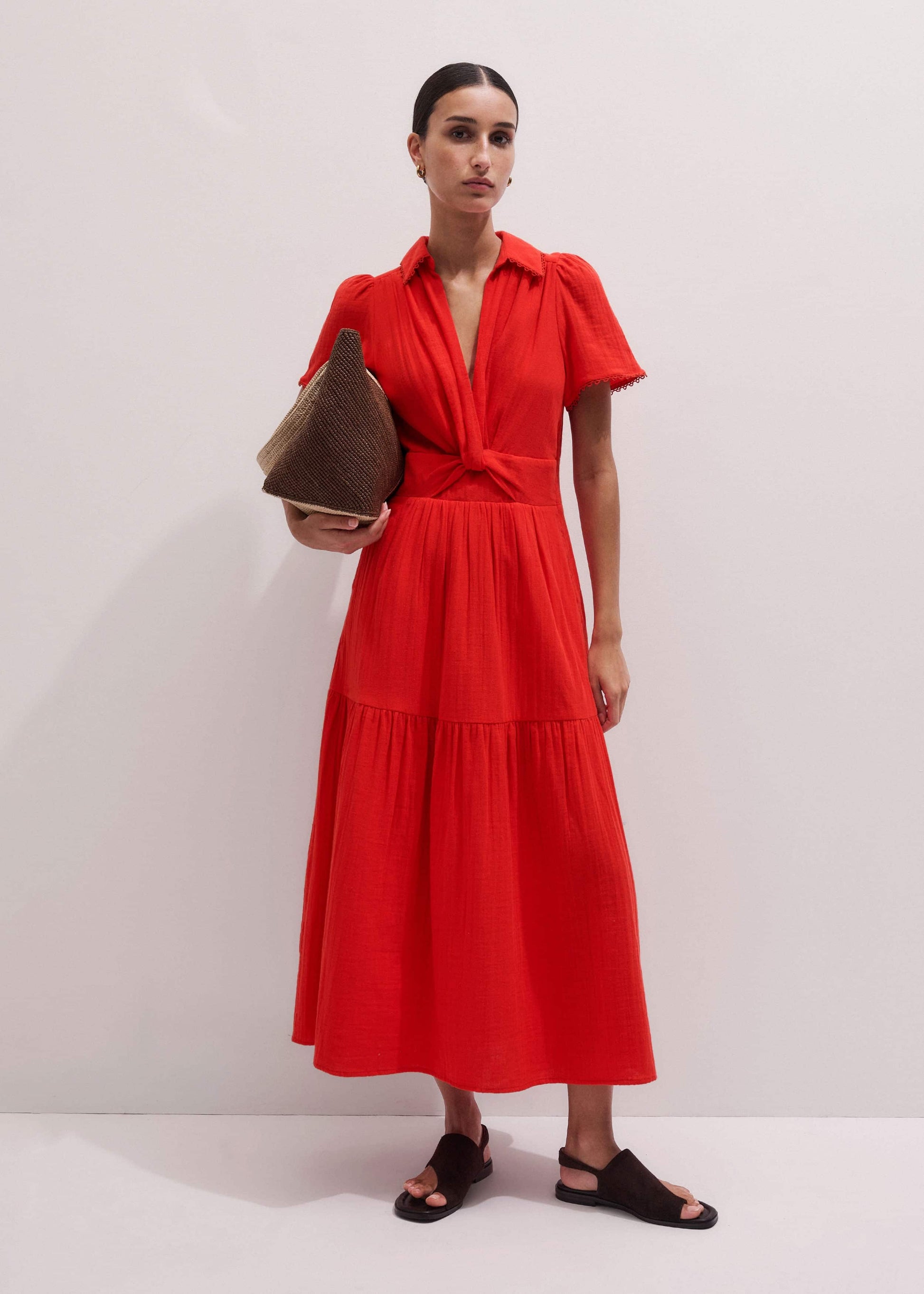 ME and EM Clothing Red Cheesecloth Twist Detail Fit + Flare Maxi Dress