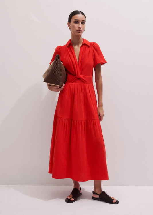 ME and EM Clothing Red Cheesecloth Twist Detail Fit + Flare Maxi Dress
