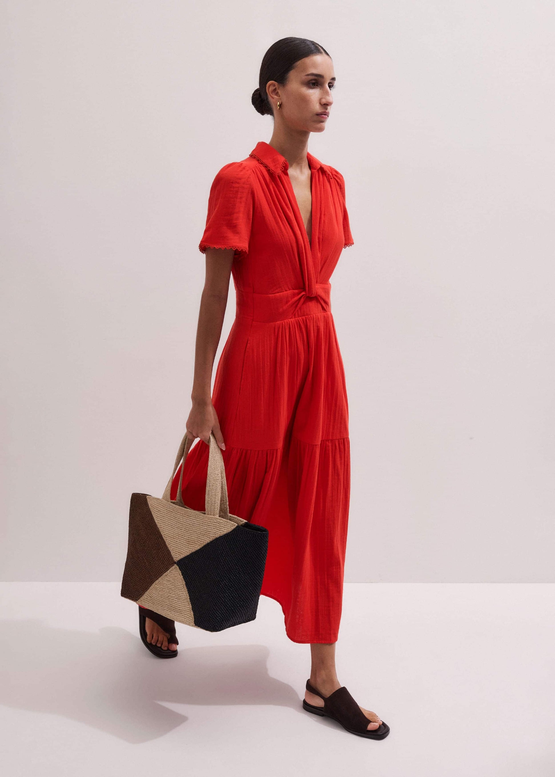 ME and EM Clothing Red Cheesecloth Twist Detail Fit + Flare Maxi Dress