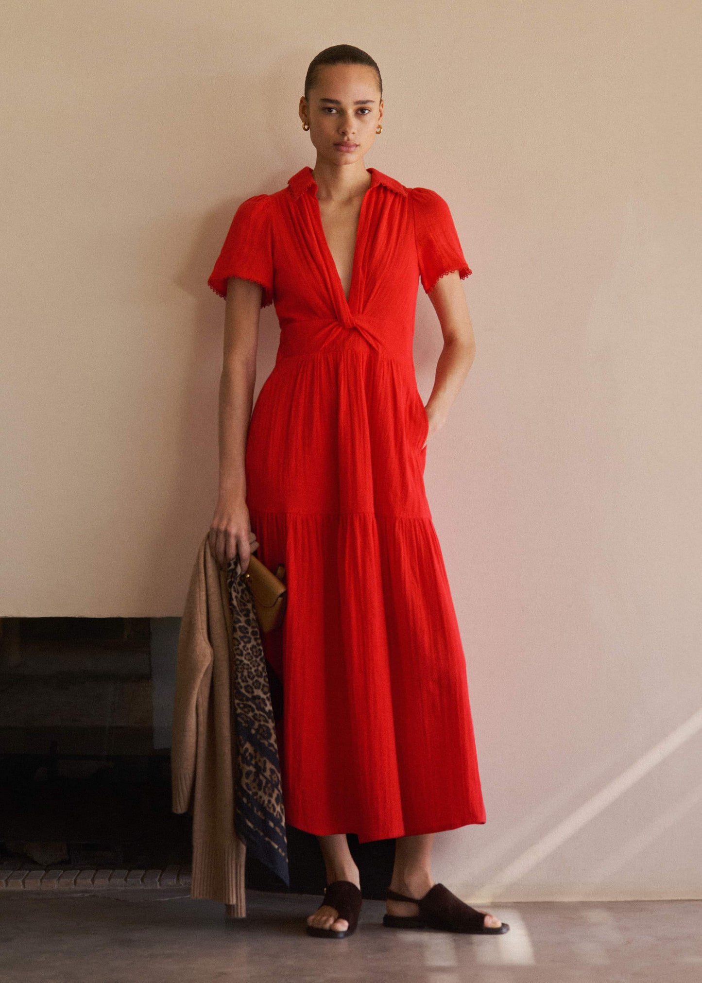 ME and EM Clothing Red Cheesecloth Twist Detail Fit + Flare Maxi Dress