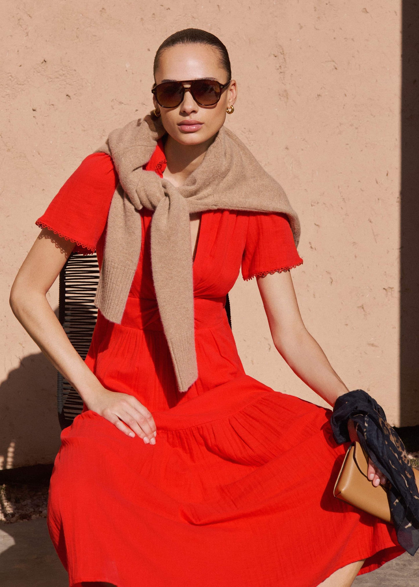 ME and EM Clothing Red Cheesecloth Twist Detail Fit + Flare Maxi Dress