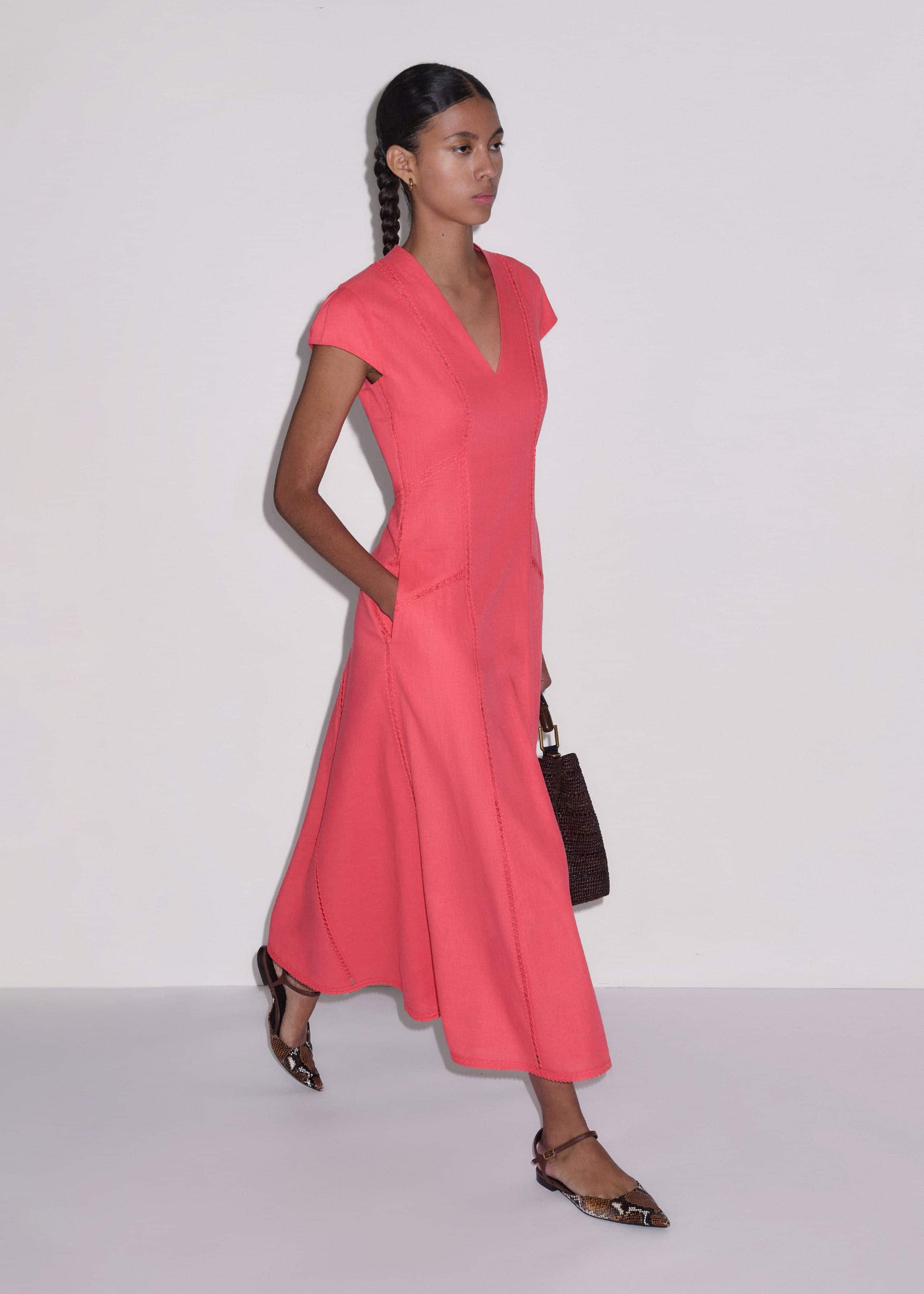 ME and EM Clothing Pink Crease-Less Linen Embroidered Maxi Dress