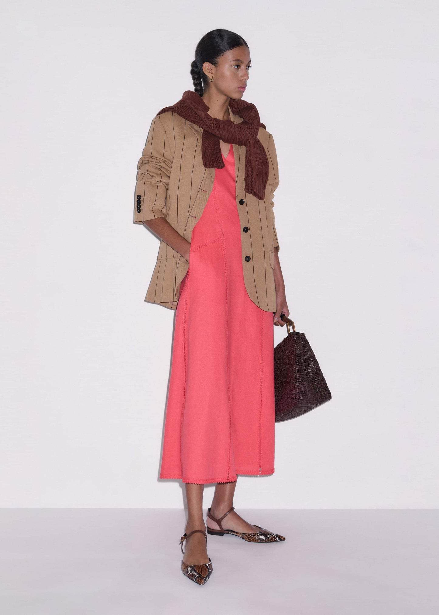 ME and EM Clothing Pink Crease-Less Linen Embroidered Maxi Dress