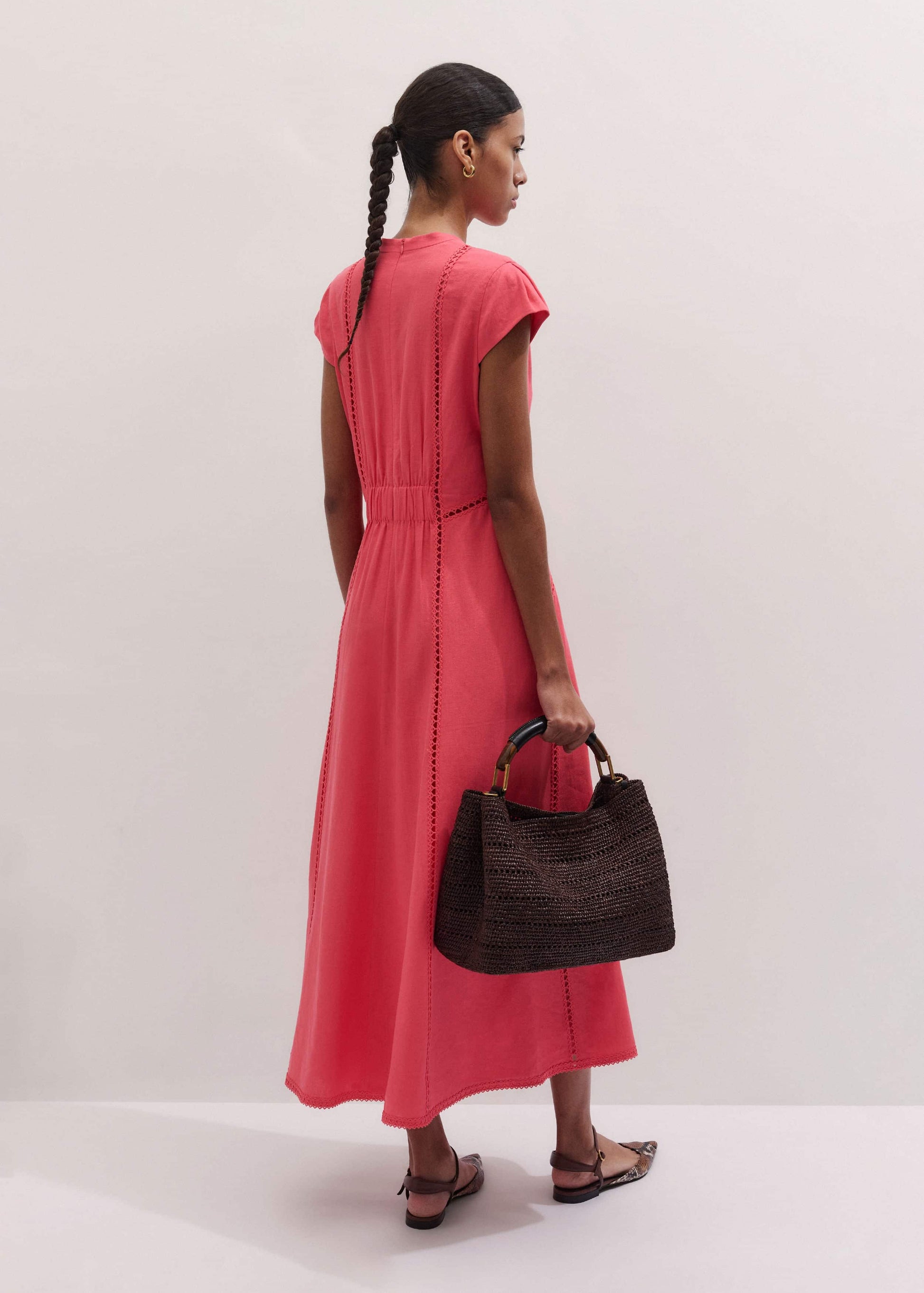 ME and EM Clothing Pink Crease-Less Linen Embroidered Maxi Dress