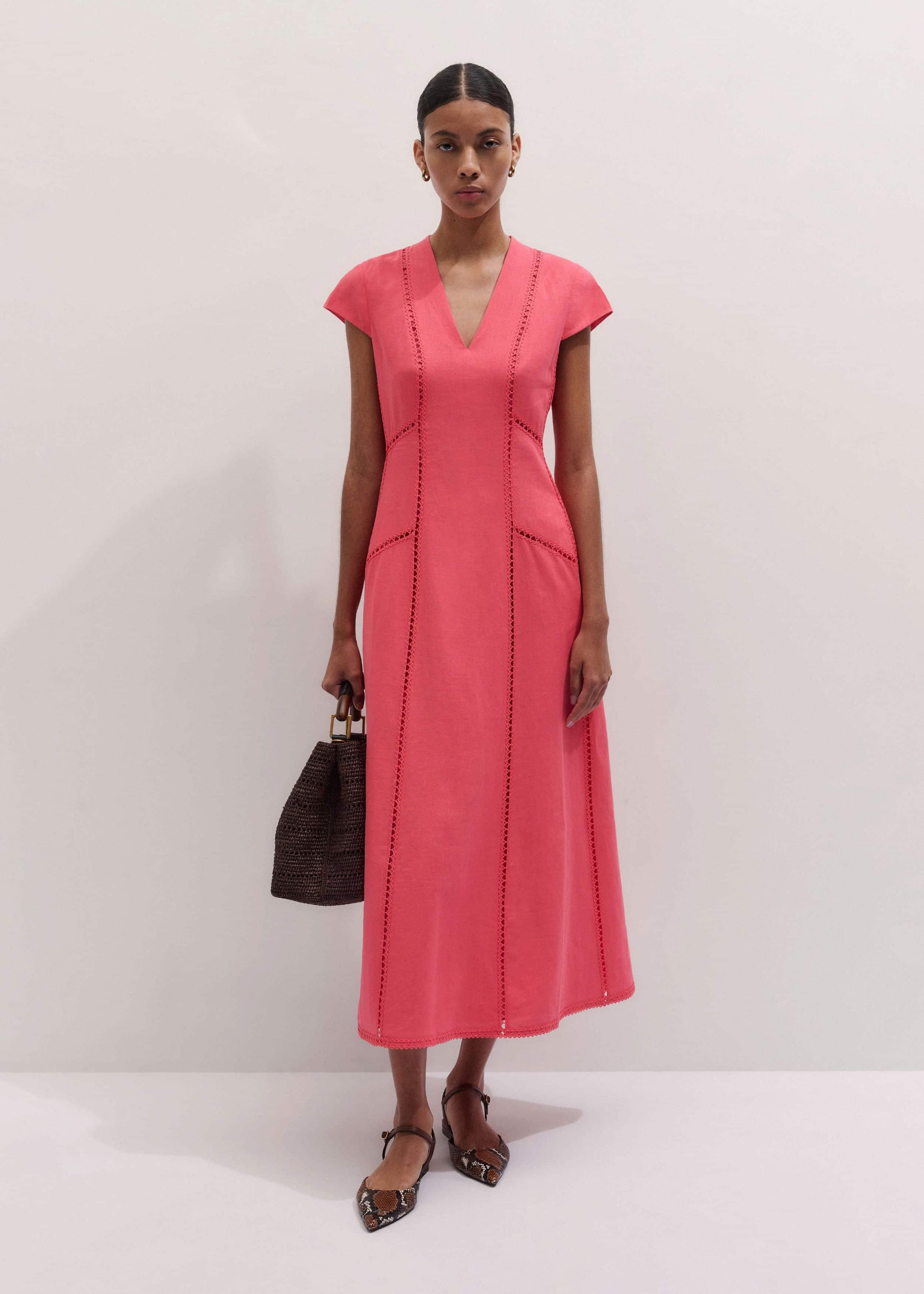 ME and EM Clothing Pink Crease-Less Linen Embroidered Maxi Dress