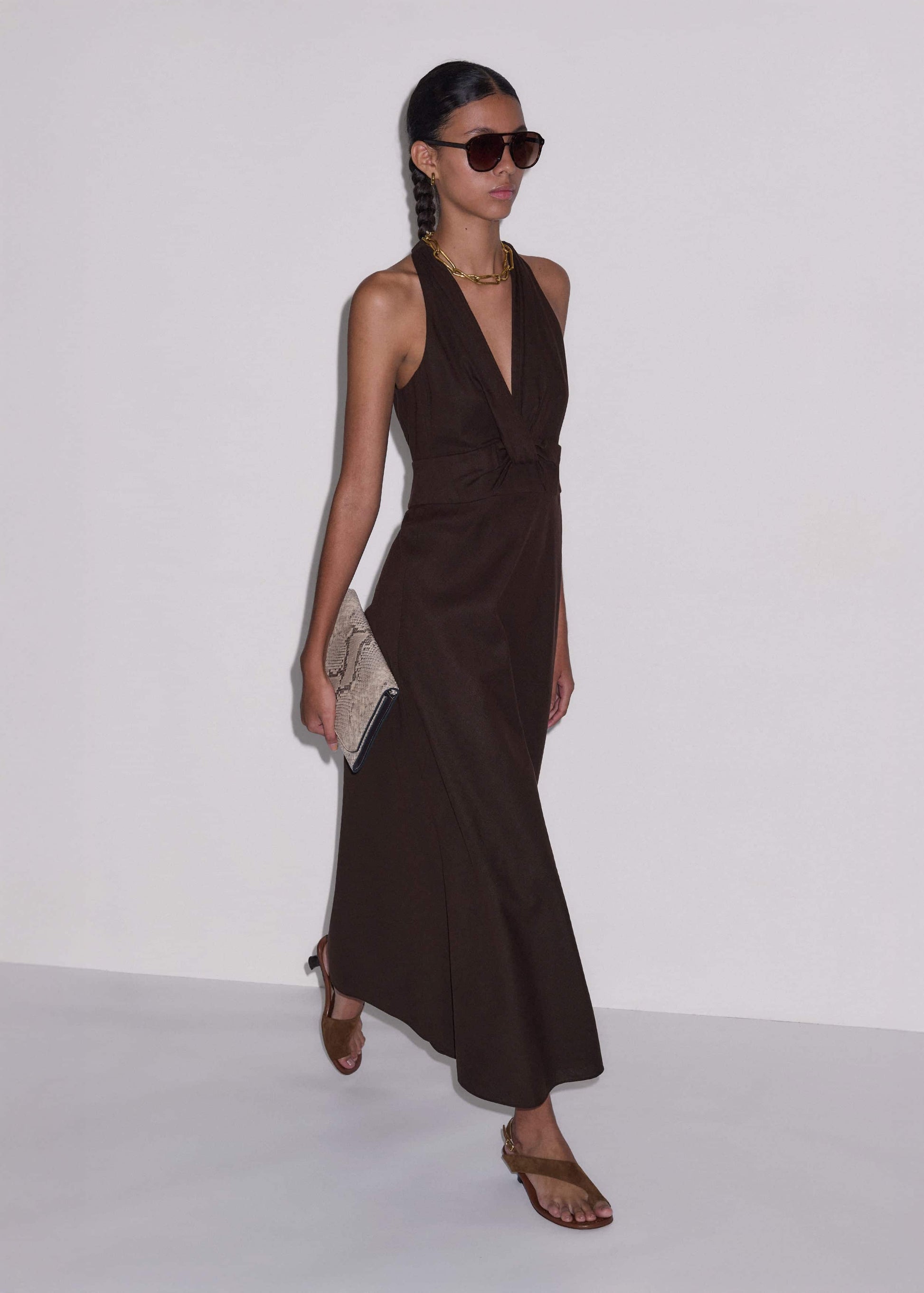 ME and EM Clothing Brown Crease-Less Linen Twist Front Maxi Dress