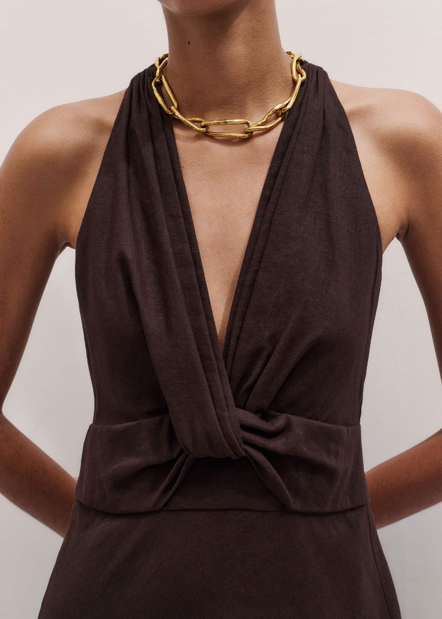 ME and EM Clothing Brown Crease-Less Linen Twist Front Maxi Dress
