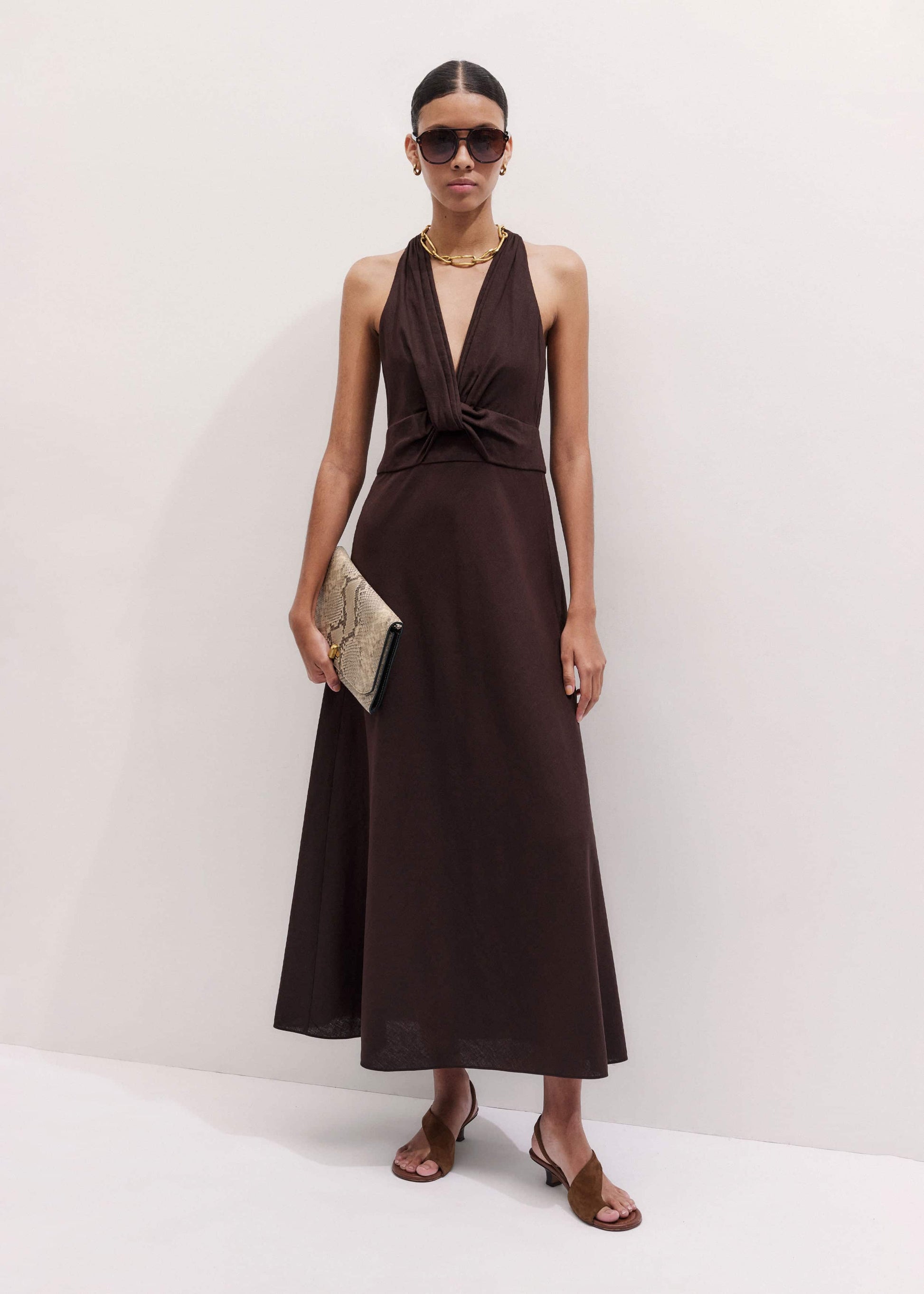 ME and EM Clothing Brown Crease-Less Linen Twist Front Maxi Dress