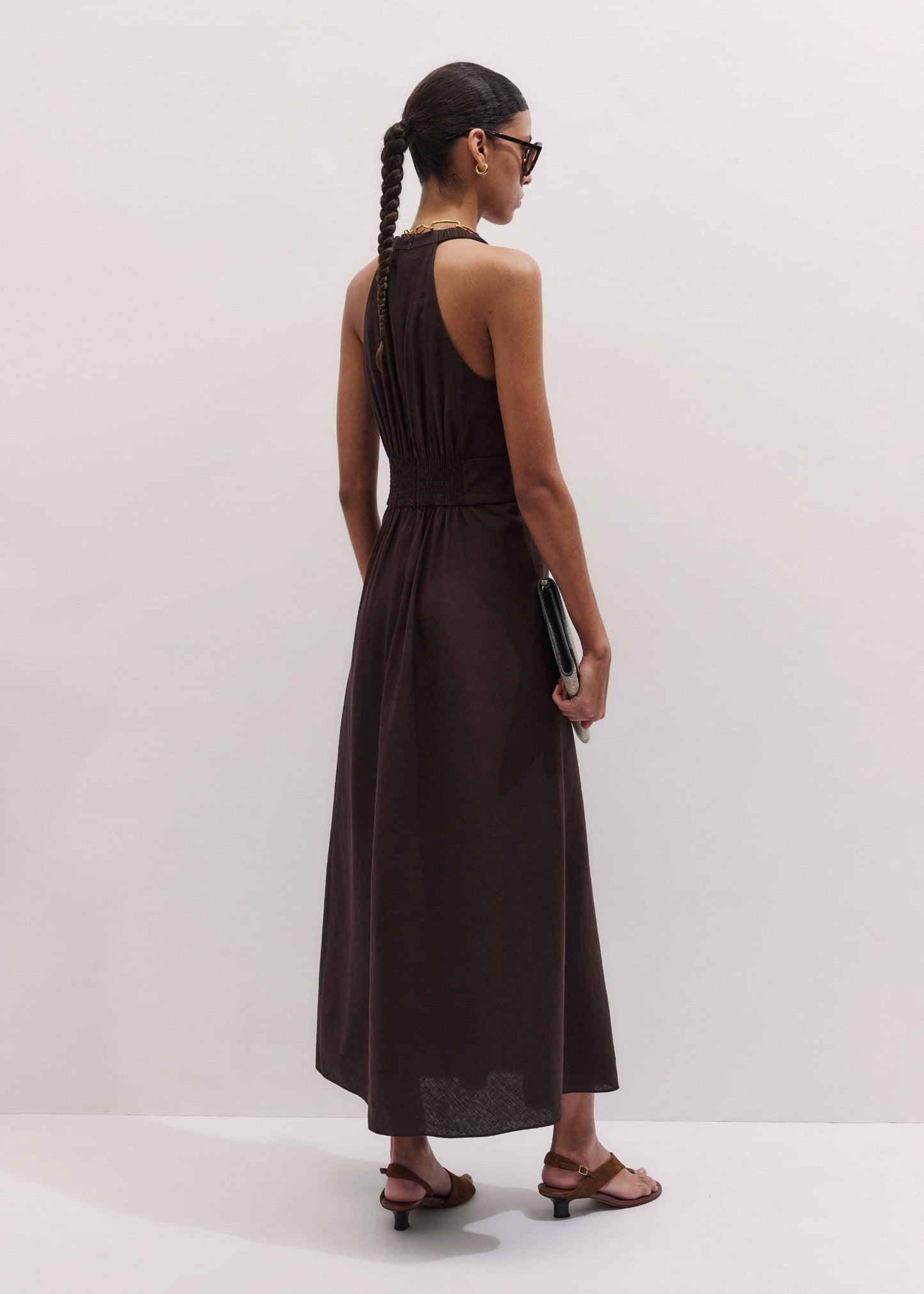 ME and EM Clothing Brown Crease-Less Linen Twist Front Maxi Dress