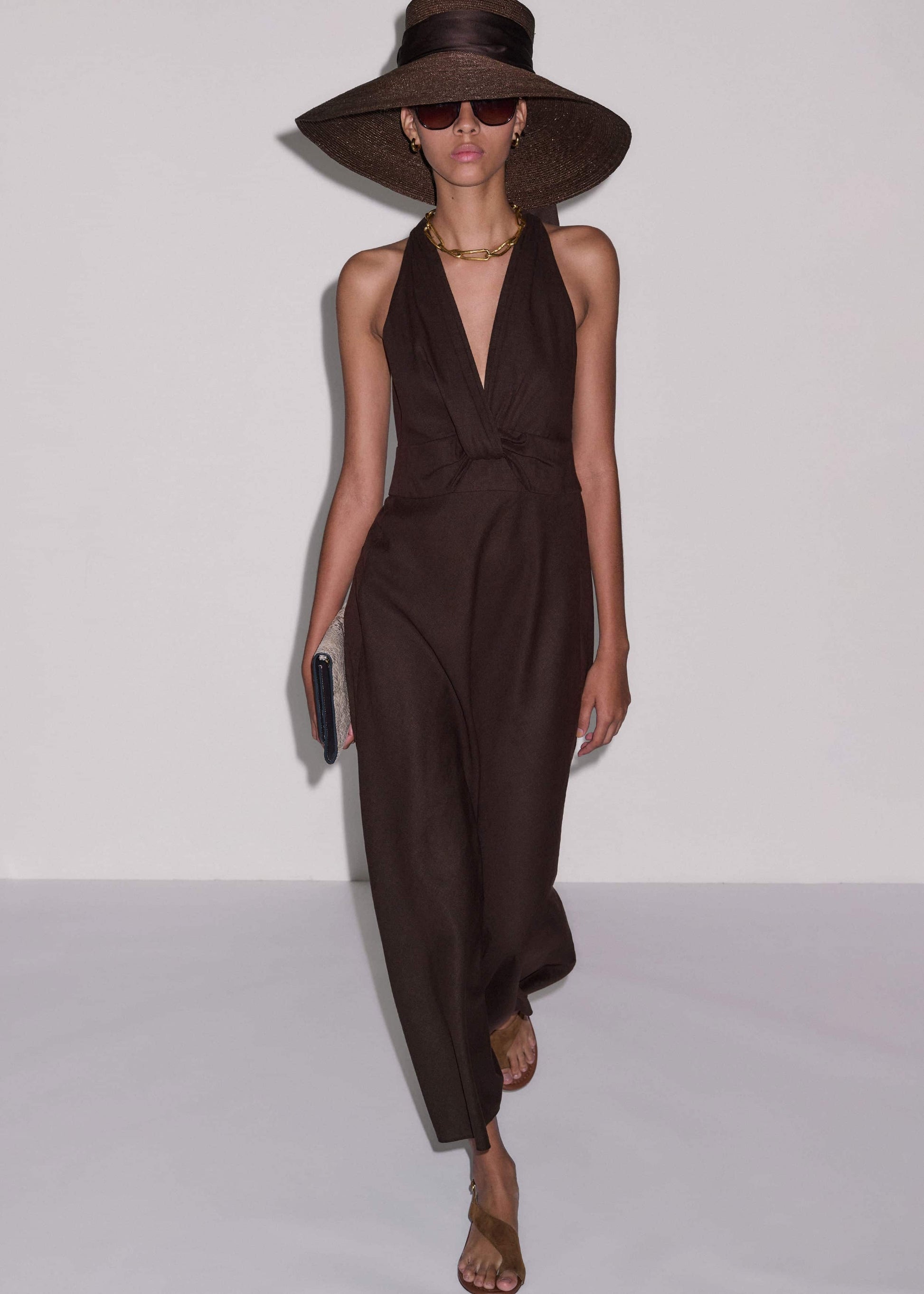 ME and EM Clothing Brown Crease-Less Linen Twist Front Maxi Dress