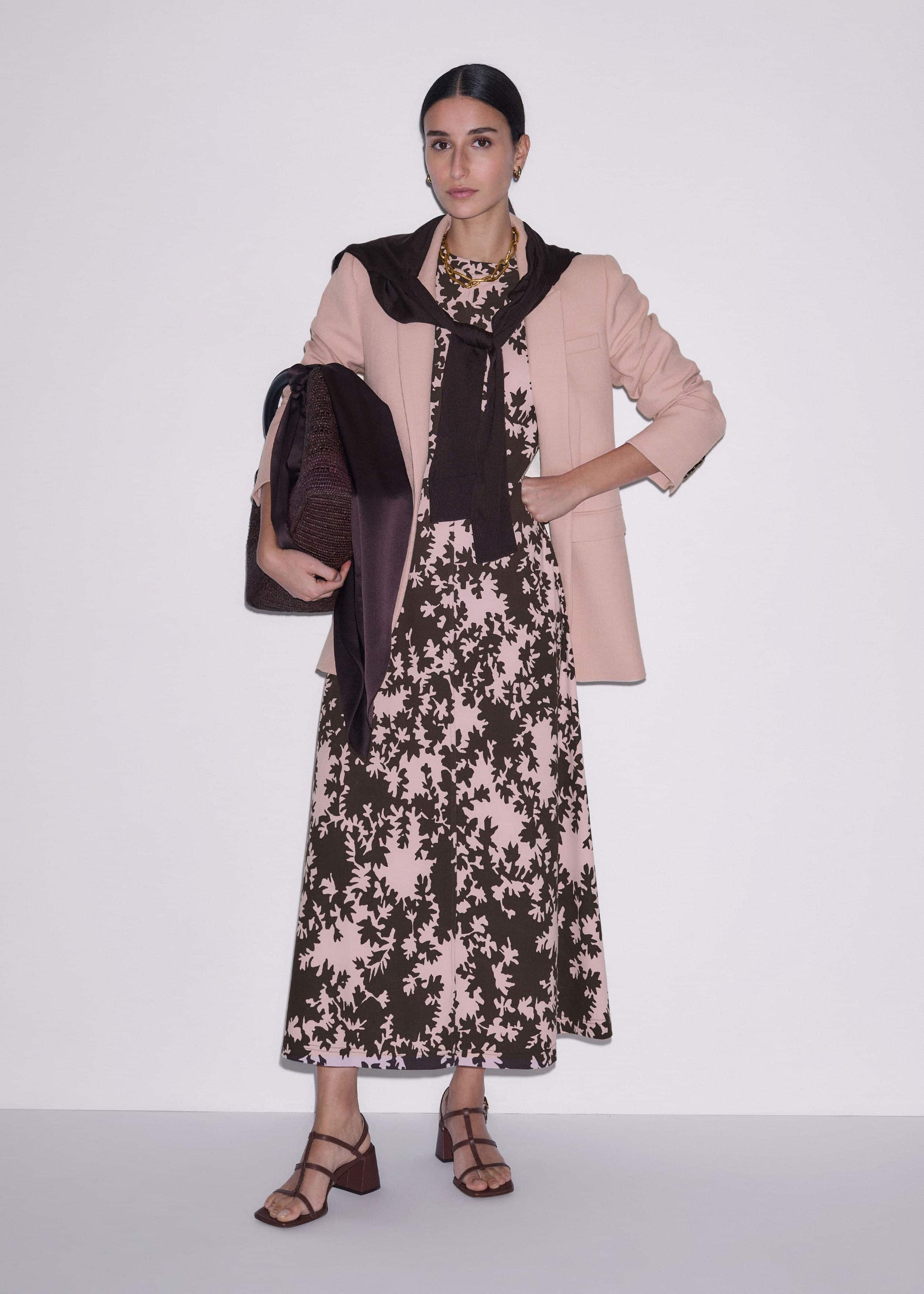 ME and EM Clothing Pink Speckled Bloom Print Contour Maxi Dress
