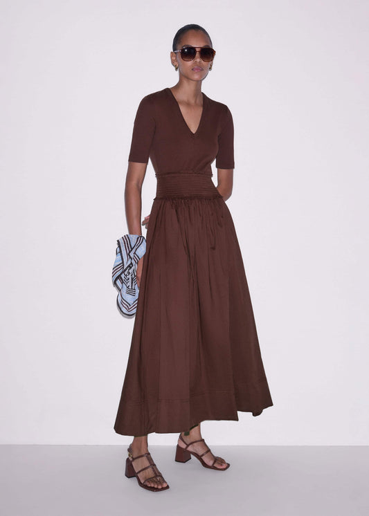 ME and EM Clothing Cinnamon V-Neck Smocked Skirt Mixed Media Maxi Dress