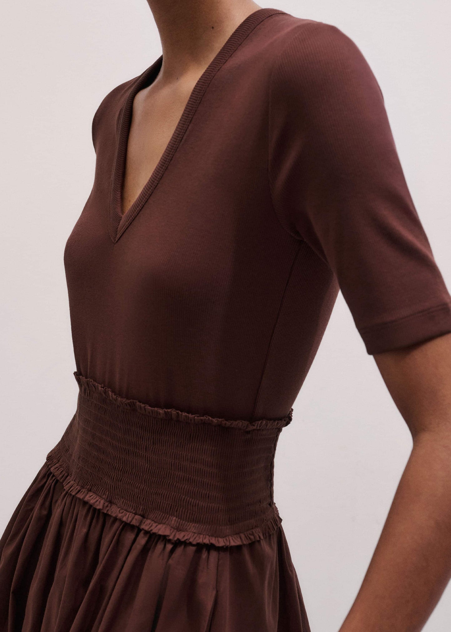 ME and EM Clothing Cinnamon V-Neck Smocked Skirt Mixed Media Maxi Dress