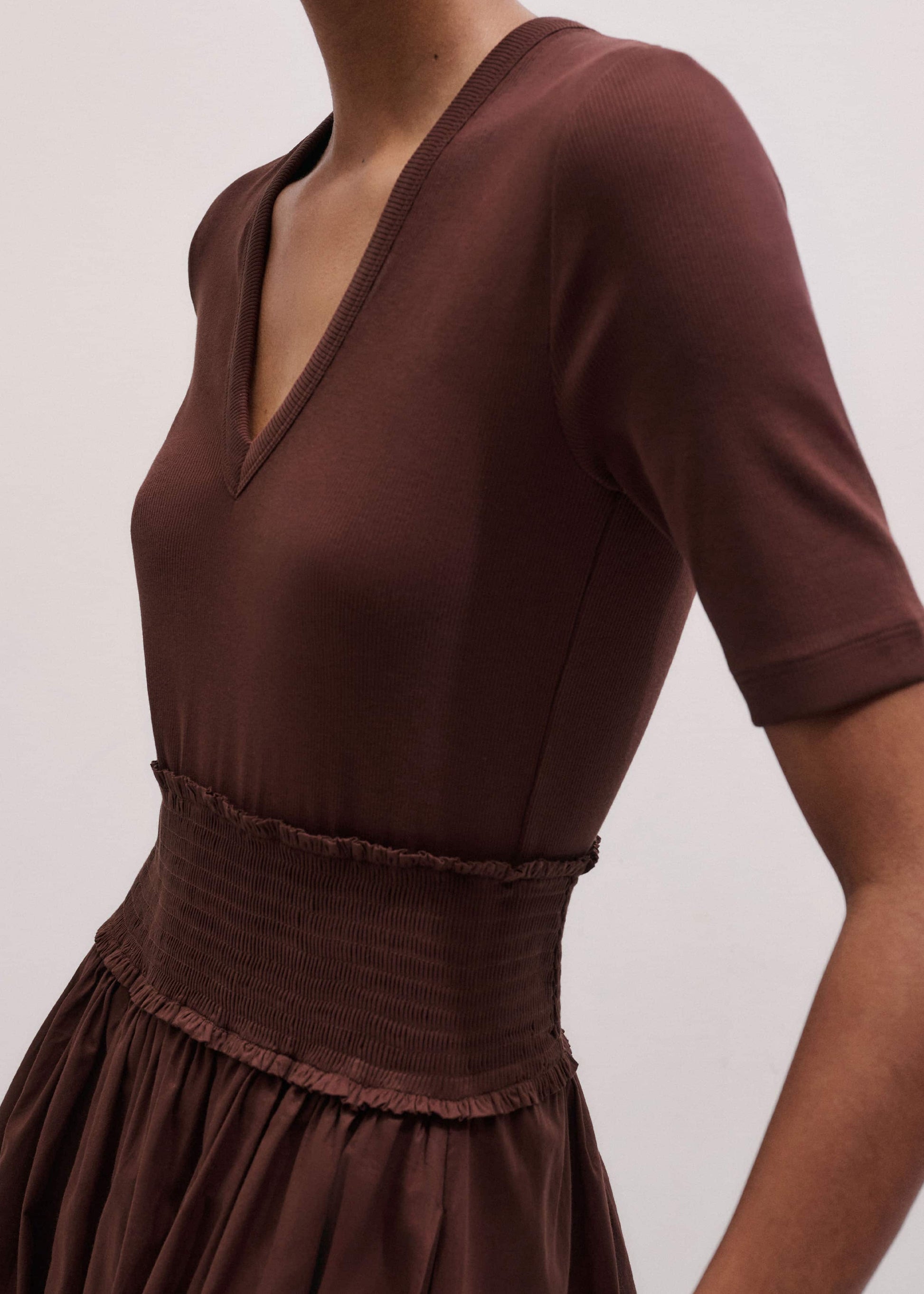 ME and EM Clothing Cinnamon V-Neck Smocked Skirt Mixed Media Maxi Dress