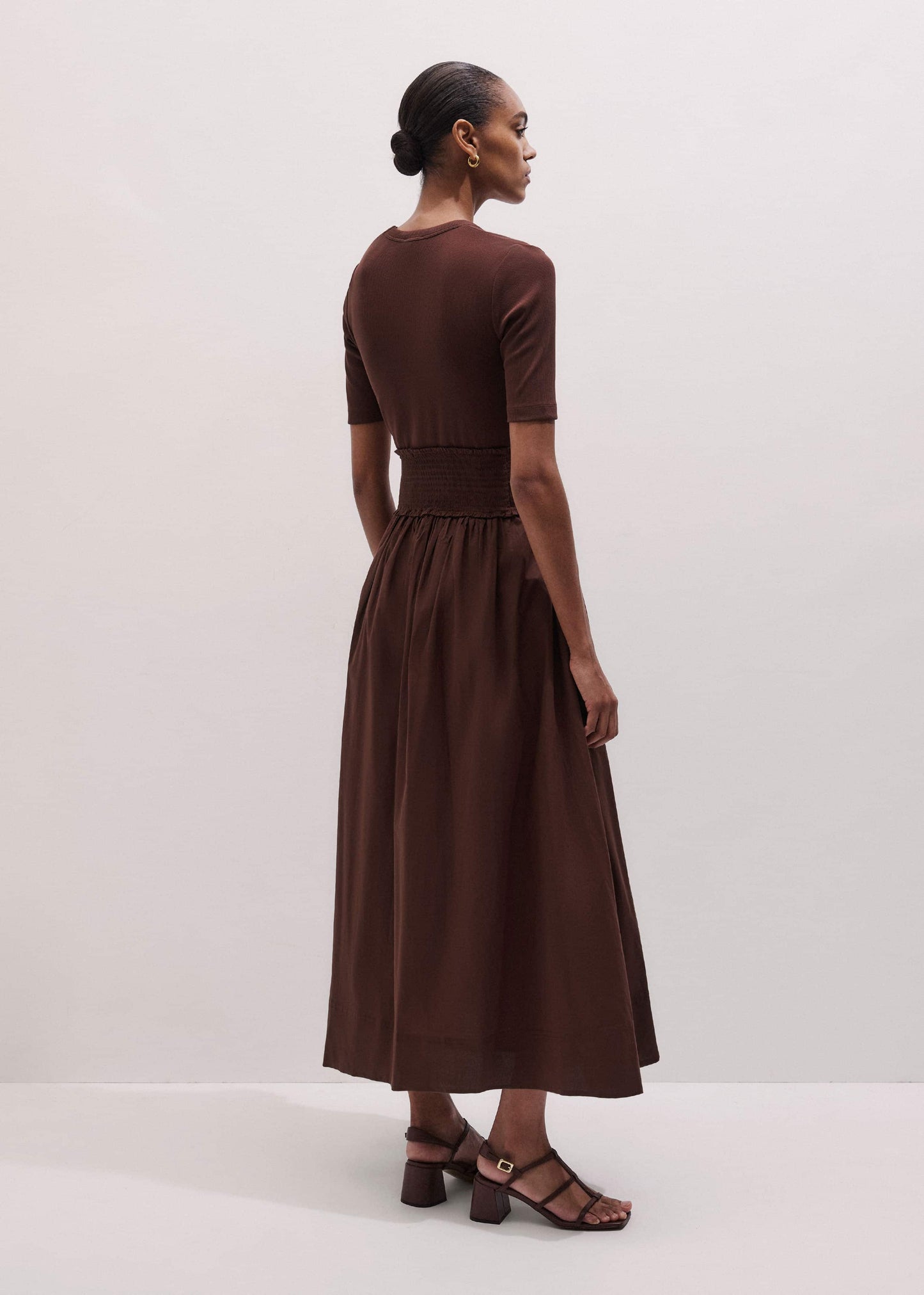 ME and EM Clothing Cinnamon V-Neck Smocked Skirt Mixed Media Maxi Dress