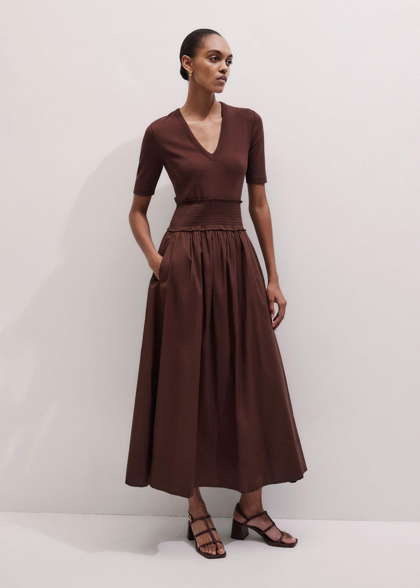 ME and EM Clothing Cinnamon V-Neck Smocked Skirt Mixed Media Maxi Dress