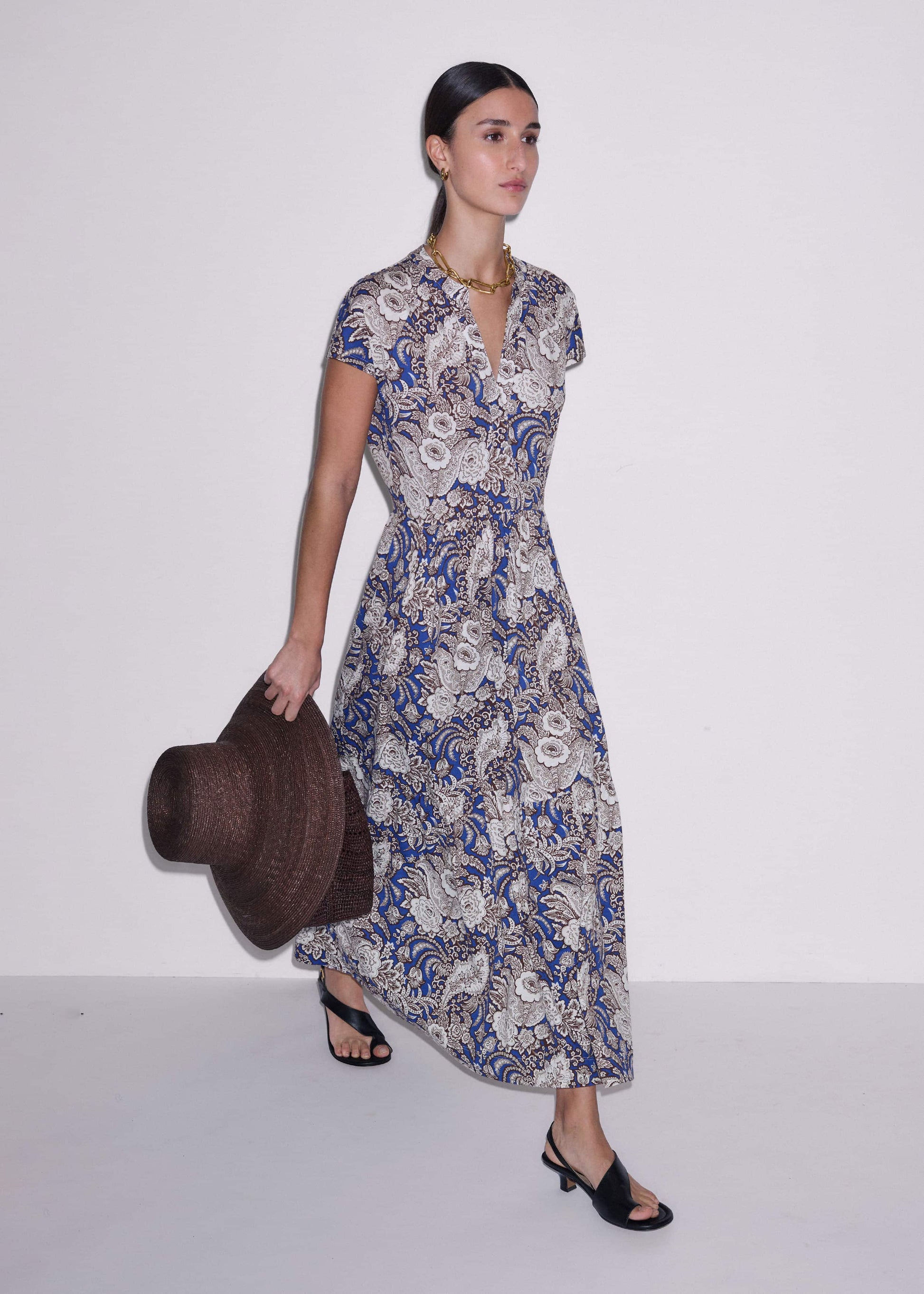 ME and EM Clothing Blue Elaborate Botanical Tiered Maxi Dress